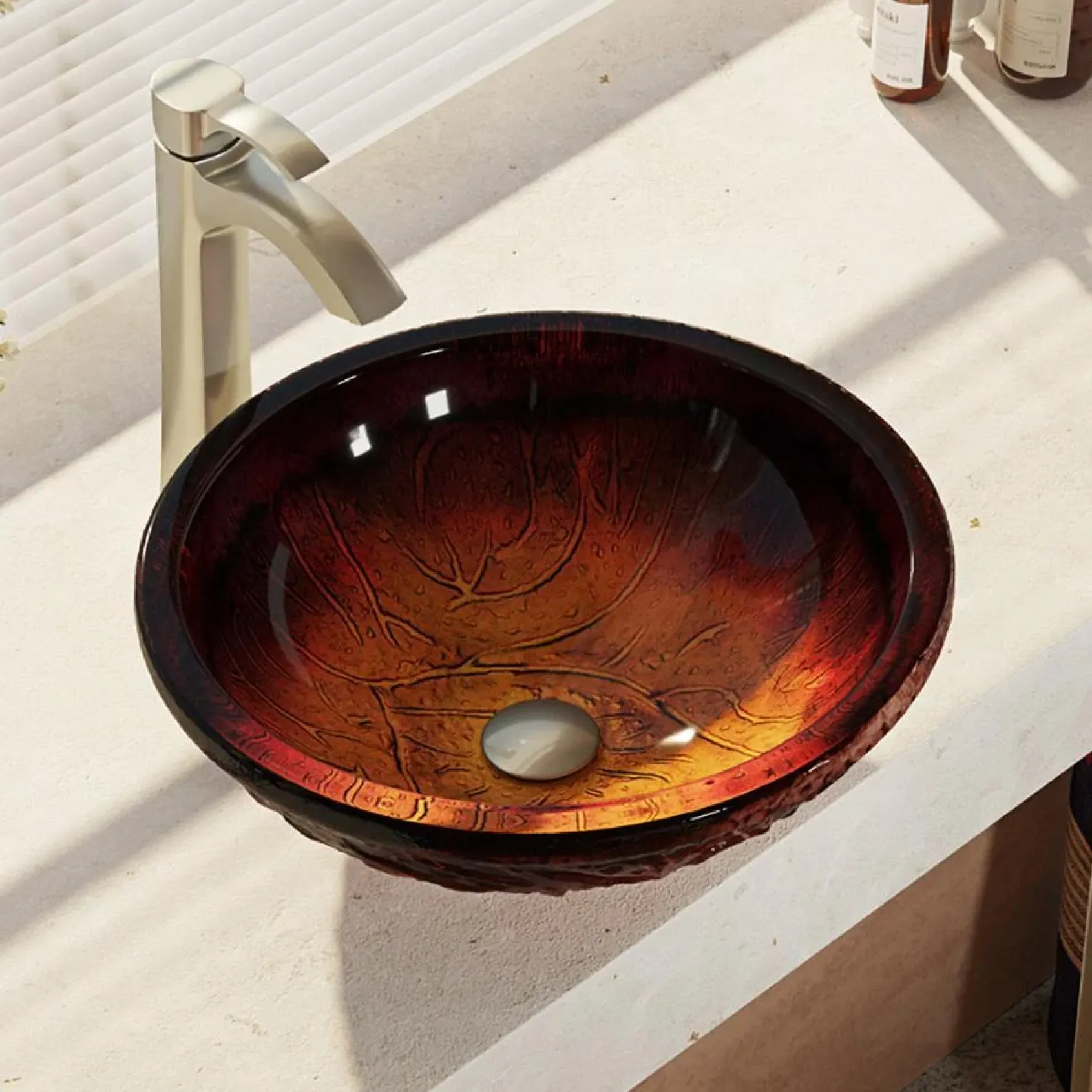 Rene 17" Round Glass Bathroom Sink, Fiery Red, with Faucet, R5-5018-R9-7006-BN