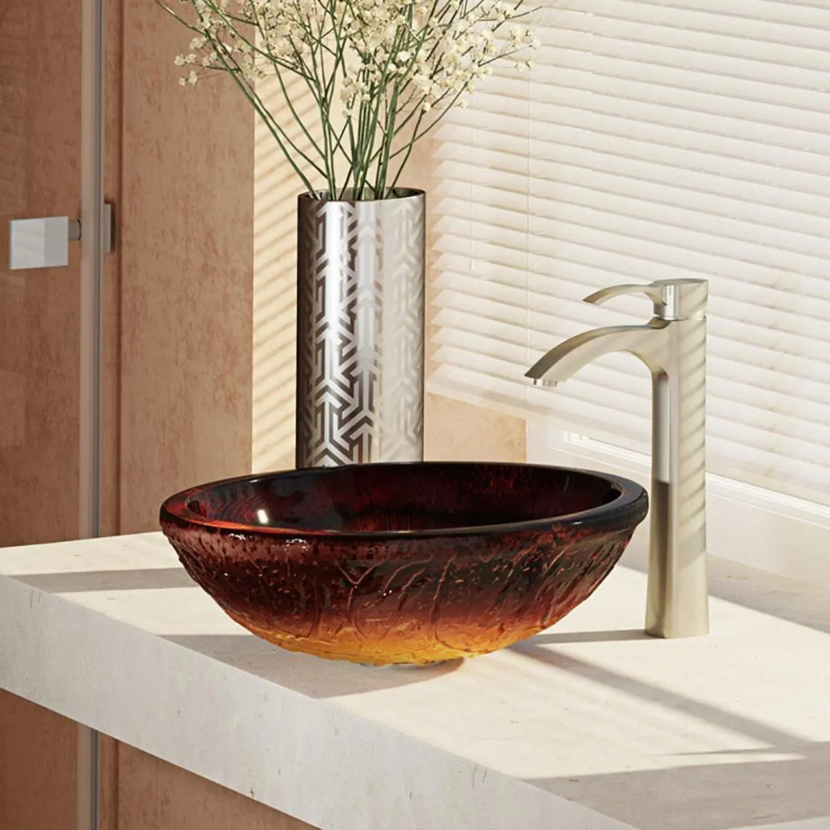 Rene 17" Round Glass Bathroom Sink, Fiery Red, with Faucet, R5-5018-R9-7006-BN