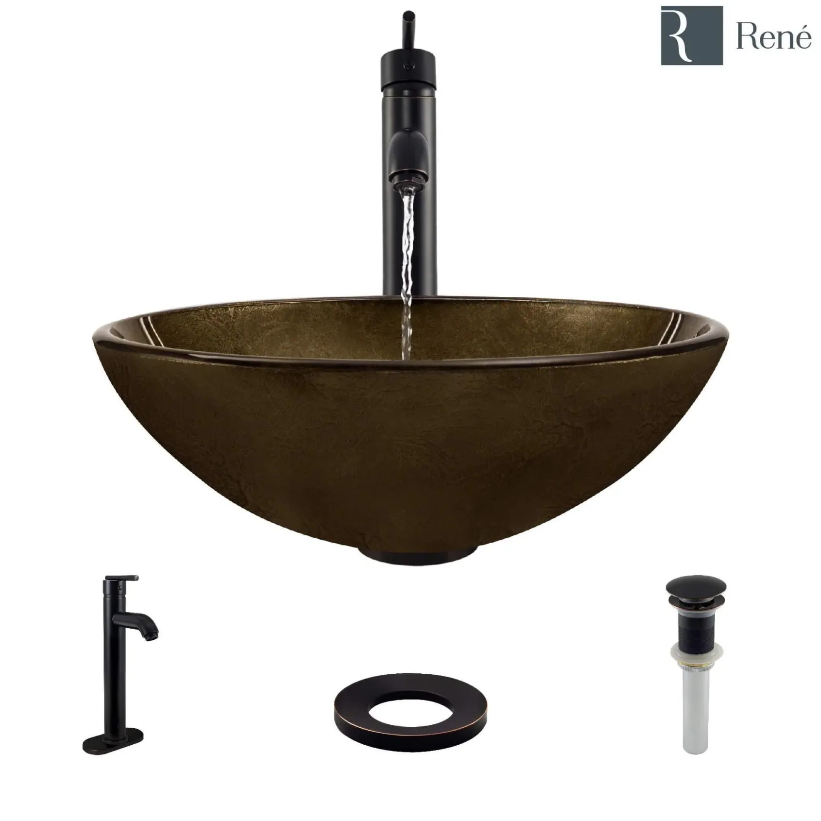Rene 17" Round Glass Bathroom Sink, Regal Bronze and Earth Tones, with Faucet, R5-5035-R9-7001-ABR