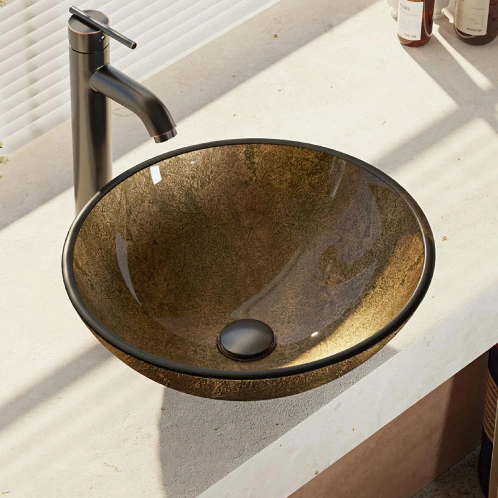 Rene 17" Round Glass Bathroom Sink, Regal Bronze and Earth Tones, with Faucet, R5-5035-R9-7001-ABR