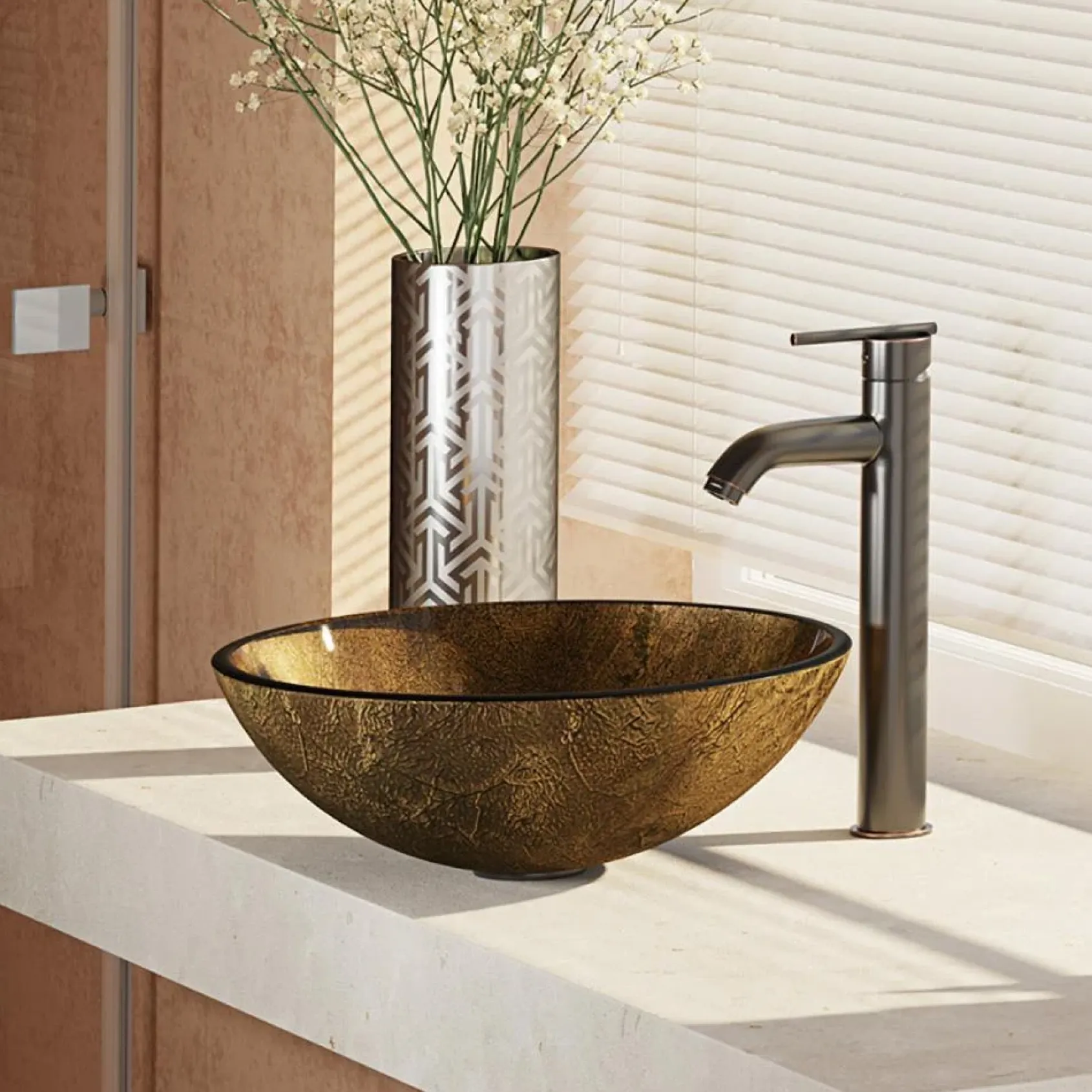 Rene 17" Round Glass Bathroom Sink, Regal Bronze and Earth Tones, with Faucet, R5-5035-R9-7001-ABR