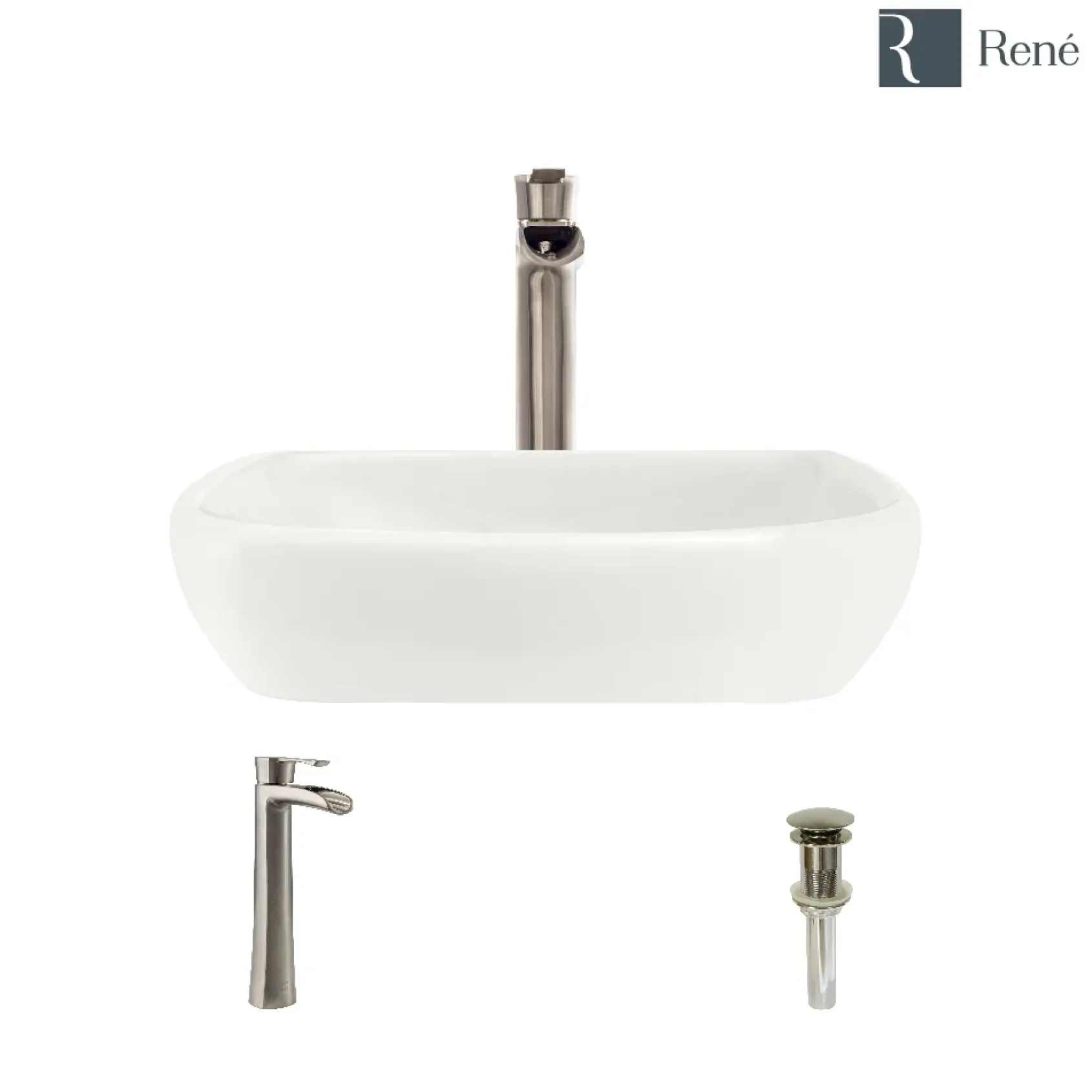Rene 17" Round Porcelain Bathroom Sink, Biscuit, with Faucet, R2-5011-B-R9-7007-BN