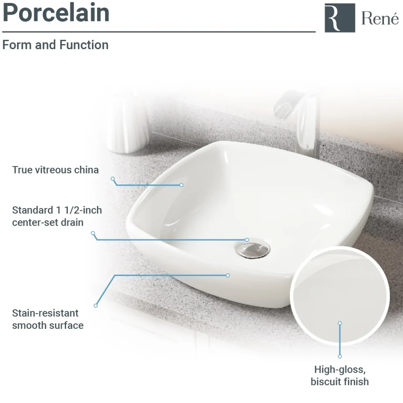 Rene 17" Round Porcelain Bathroom Sink, Biscuit, with Faucet, R2-5011-B-R9-7007-BN