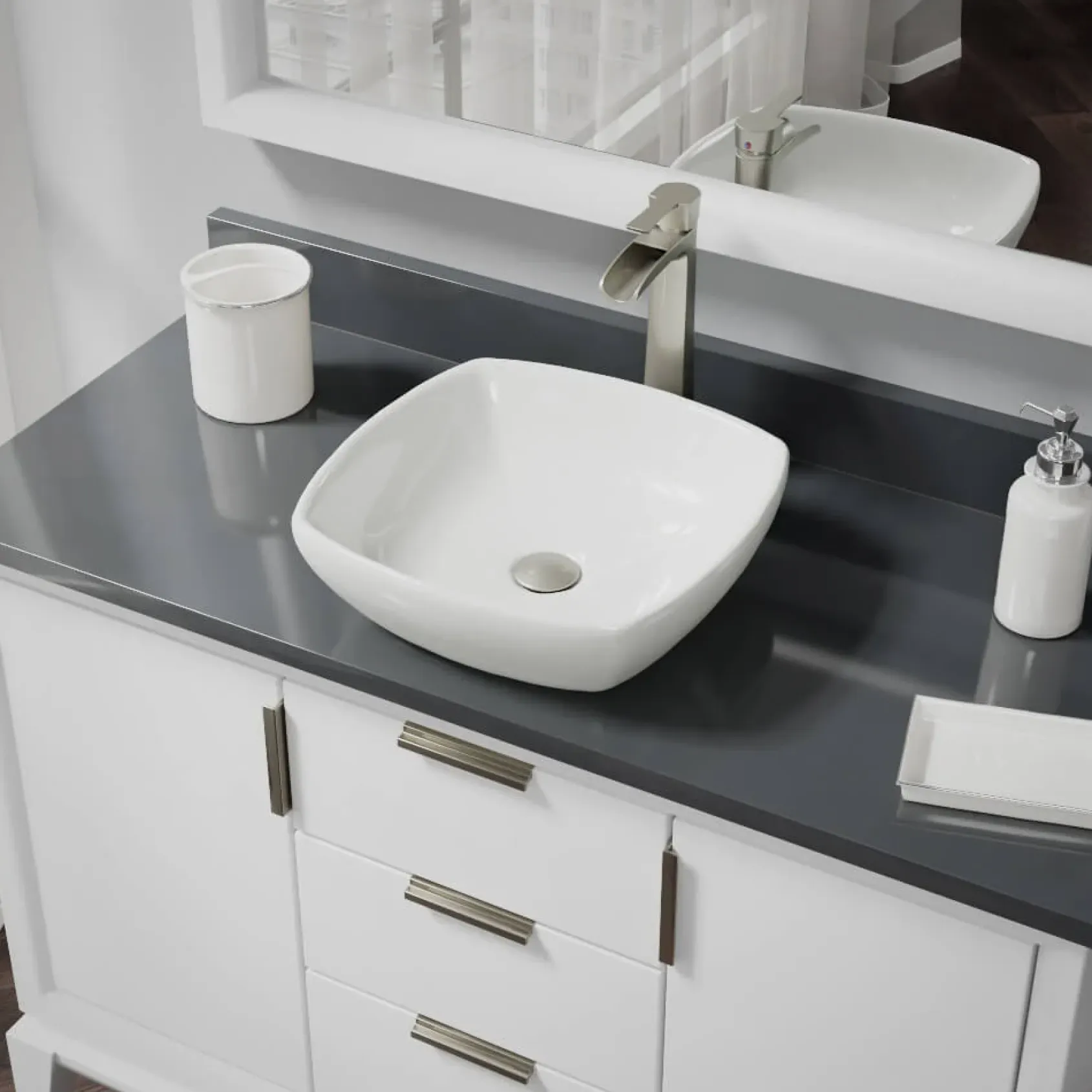 Rene 17" Round Porcelain Bathroom Sink, Biscuit, with Faucet, R2-5011-B-R9-7007-BN