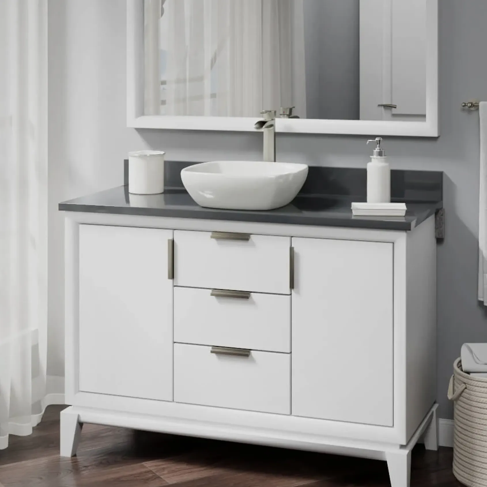 Rene 17" Round Porcelain Bathroom Sink, Biscuit, with Faucet, R2-5011-B-R9-7007-BN