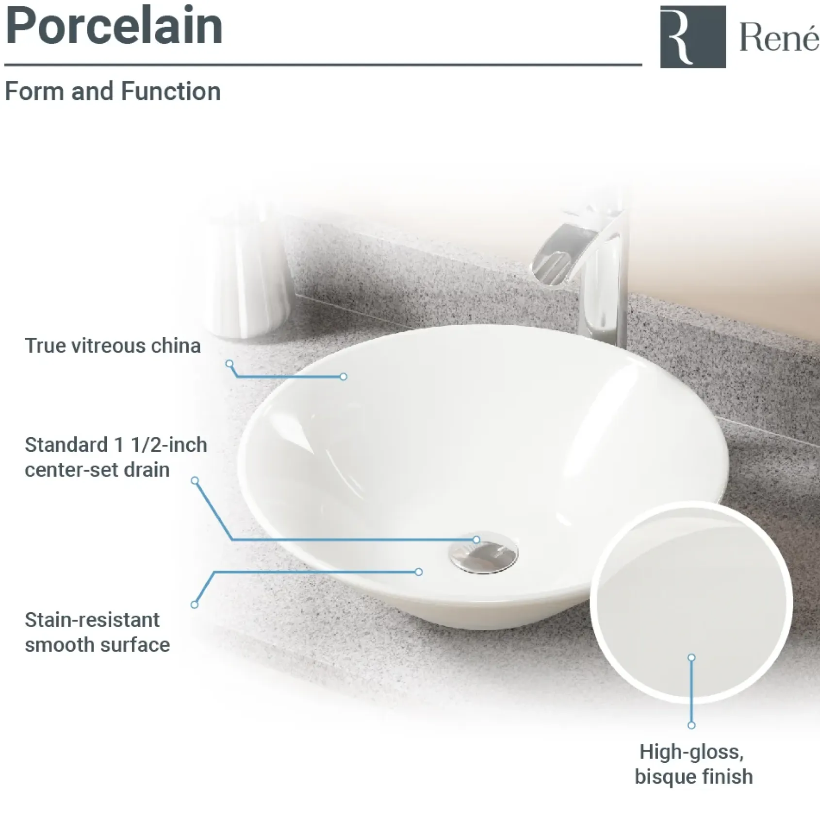 Rene 17" Round Porcelain Bathroom Sink, Biscuit, with Faucet, R2-5015-B-R9-7003-ABR