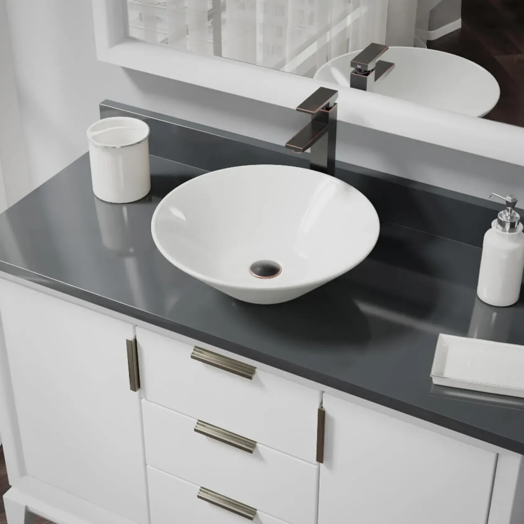 Rene 17" Round Porcelain Bathroom Sink, Biscuit, with Faucet, R2-5015-B-R9-7003-ABR