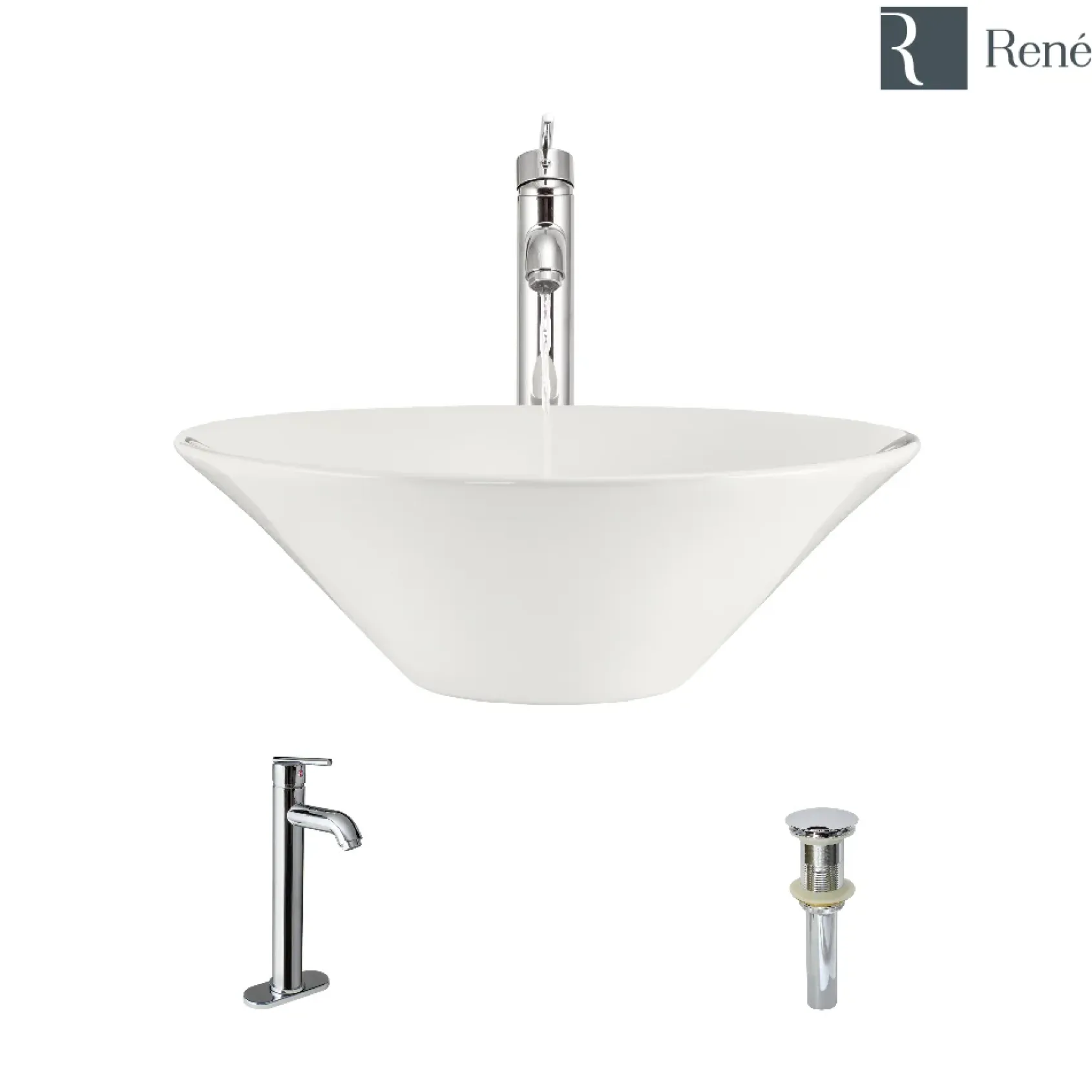 Rene 17" Round Porcelain Bathroom Sink, Biscuit, with Faucet, R2-5015-B-R9-7001-C
