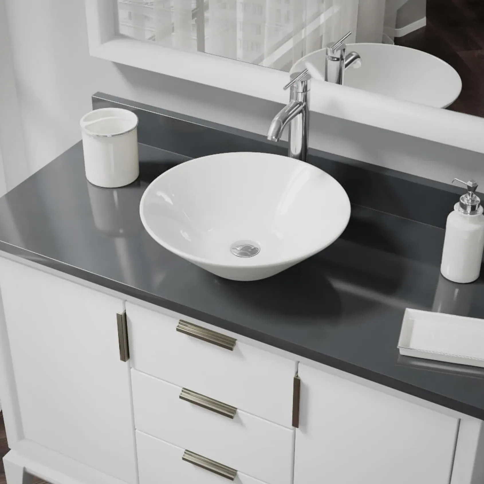 Rene 17" Round Porcelain Bathroom Sink, Biscuit, with Faucet, R2-5015-B-R9-7001-C