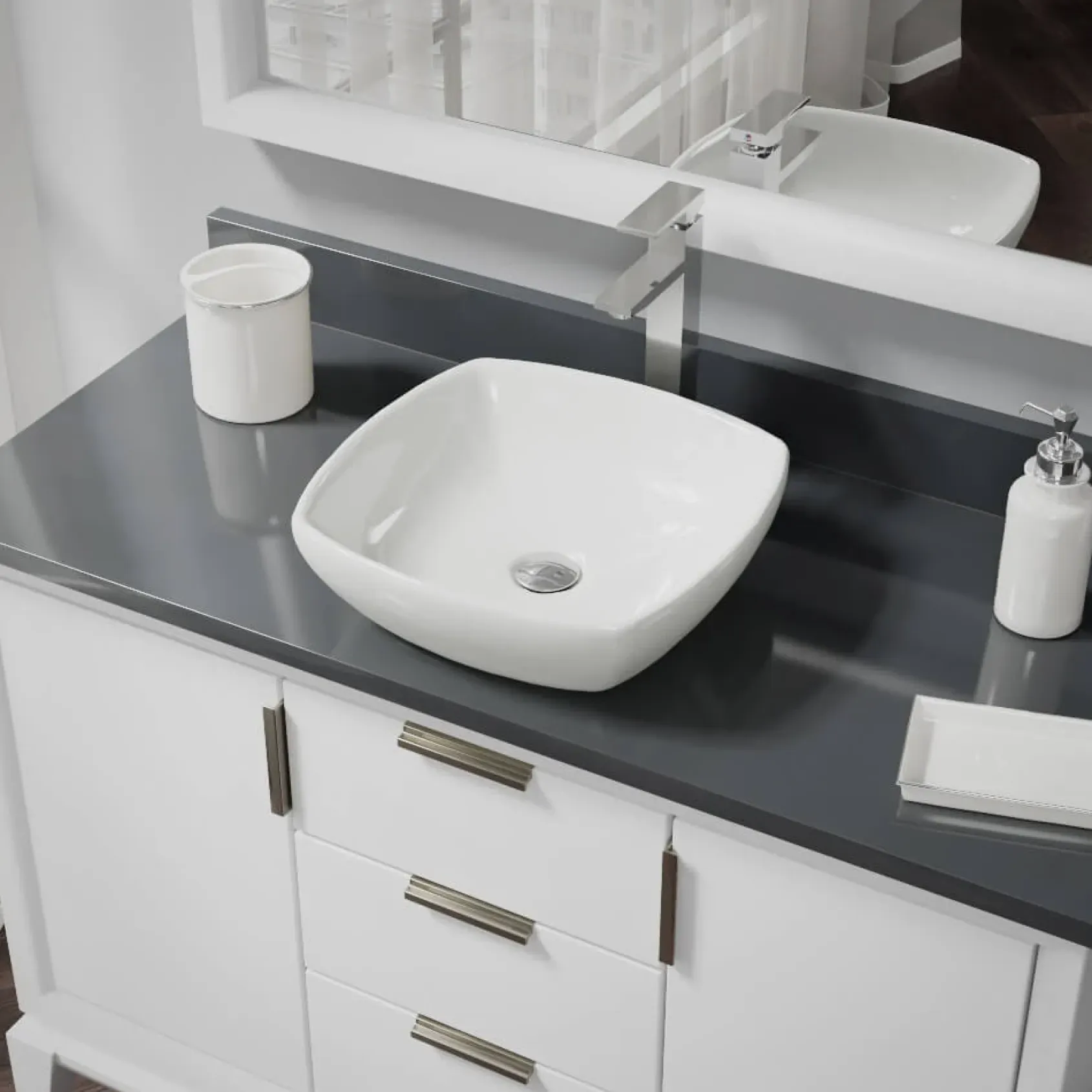 Rene 17" Round Porcelain Bathroom Sink, Biscuit, with Faucet, R2-5011-B-R9-7003-C