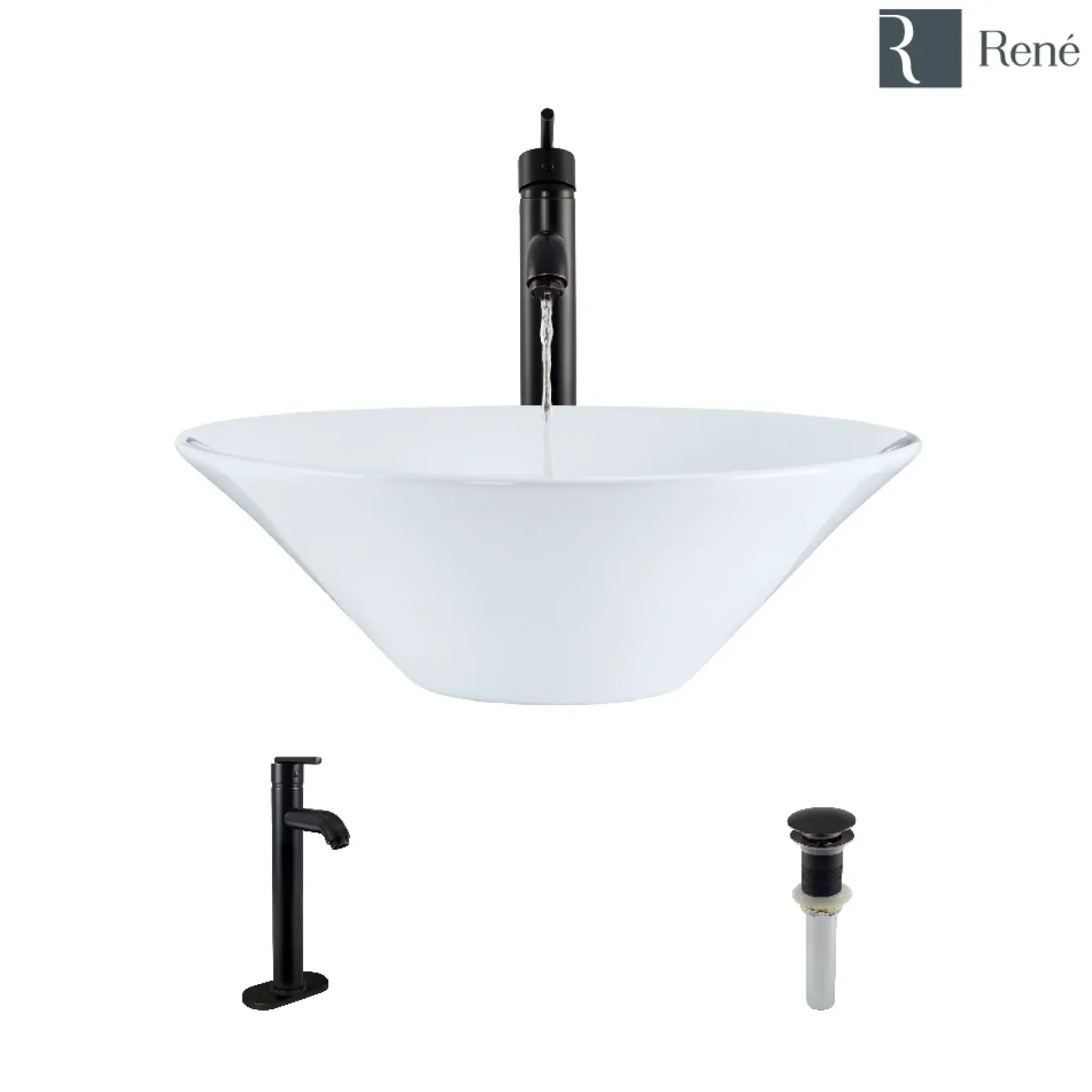 Rene 17" Round Porcelain Bathroom Sink, White, with Faucet, R2-5015-W-R9-7001-ABR