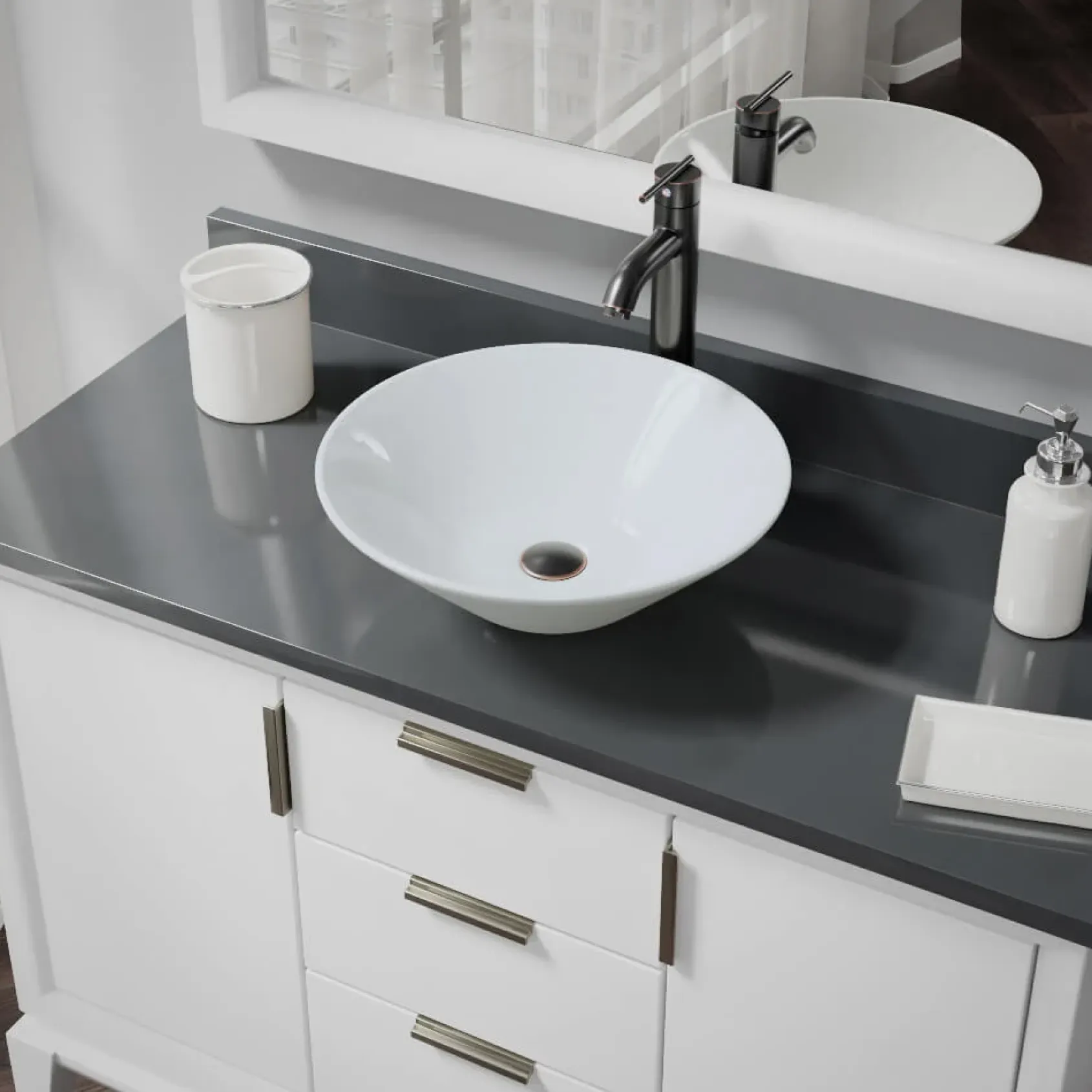 Rene 17" Round Porcelain Bathroom Sink, White, with Faucet, R2-5015-W-R9-7001-ABR