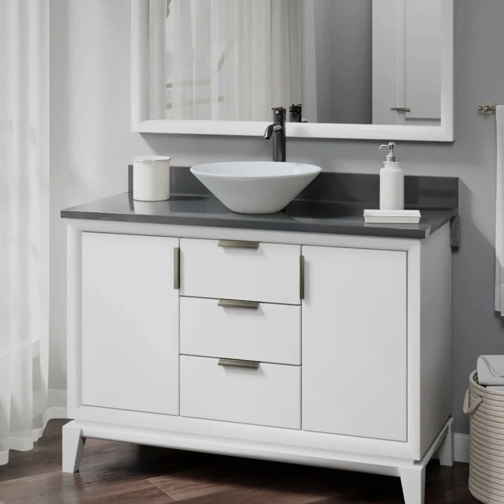 Rene 17" Round Porcelain Bathroom Sink, White, with Faucet, R2-5015-W-R9-7001-ABR