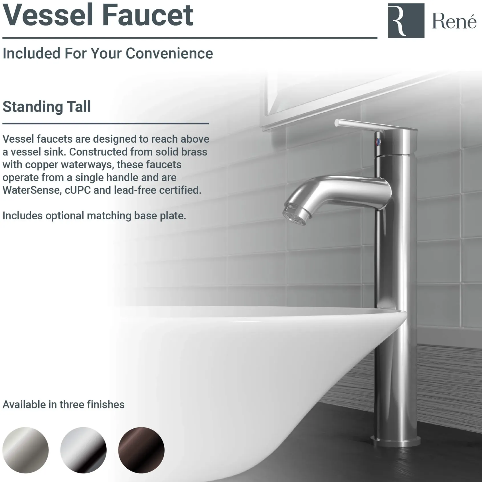 Rene 17" Round Porcelain Bathroom Sink, White, with Faucet, R2-5015-W-R9-7001-ABR