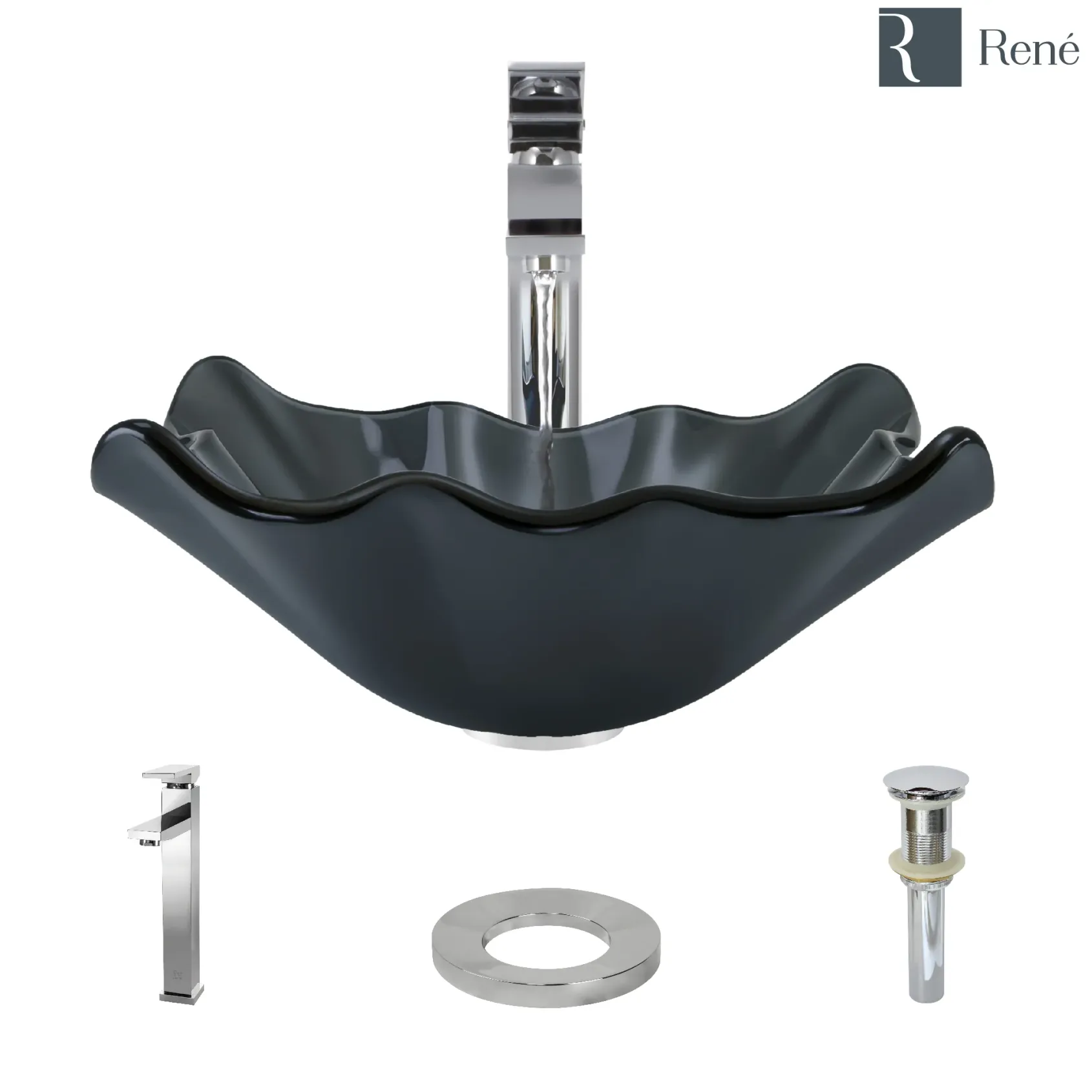 Rene 17" Specialty Glass Bathroom Sink, Smoky Black, with Faucet, R5-5012-R9-7003-C