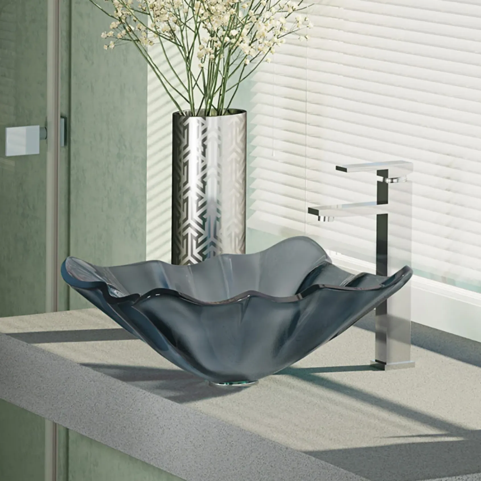 Rene 17" Specialty Glass Bathroom Sink, Smoky Black, with Faucet, R5-5012-R9-7003-C