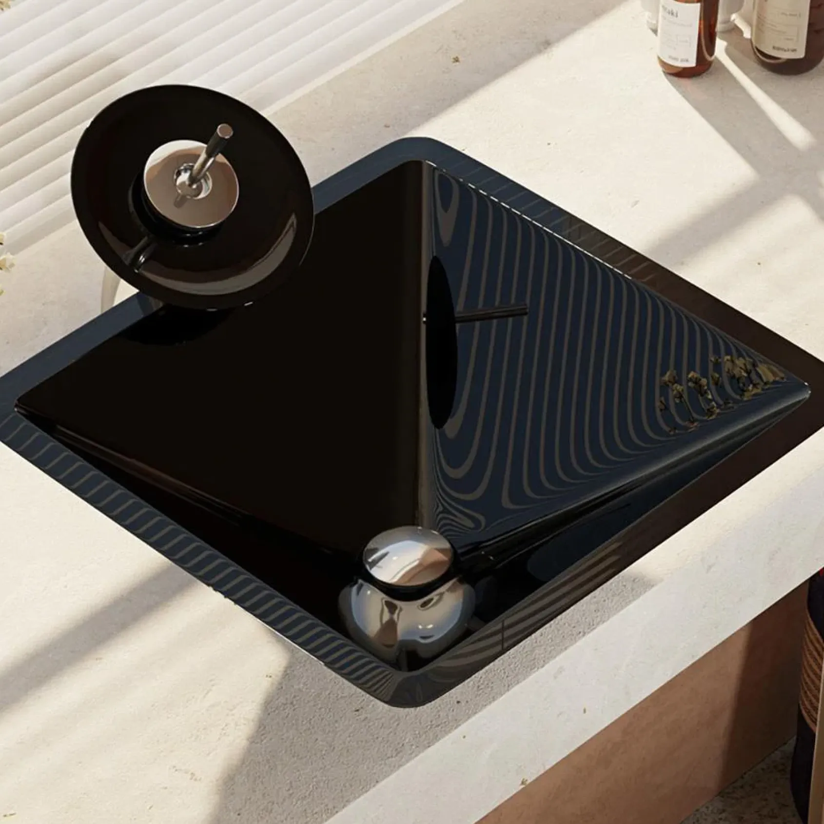 Rene 17" Square Glass Bathroom Sink, Noir, with Faucet, R5-5003-NOR-WF-C