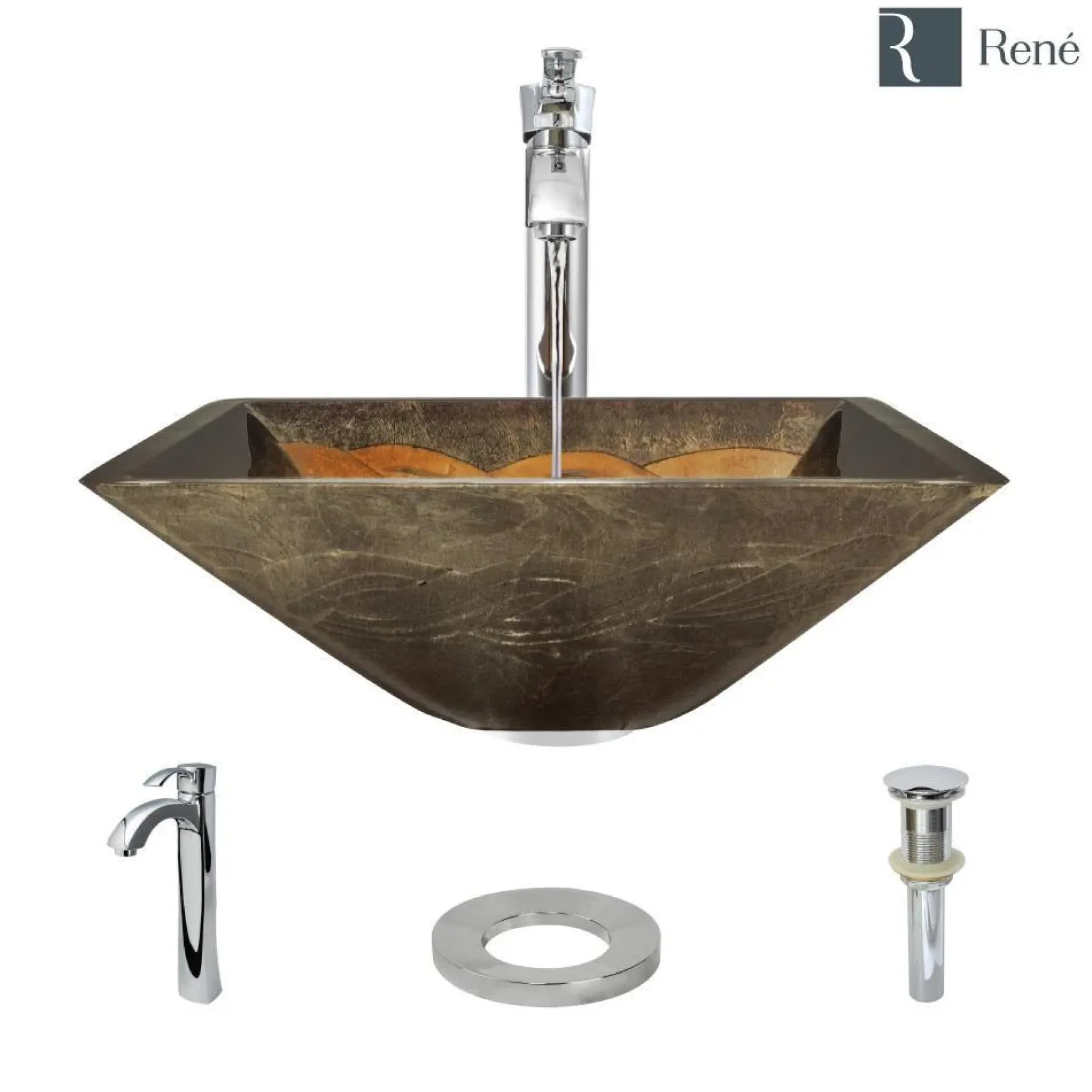 Rene 17" Square Glass Bathroom Sink, Metallic Green and Gold, with Faucet, R5-5036-R9-7006-C