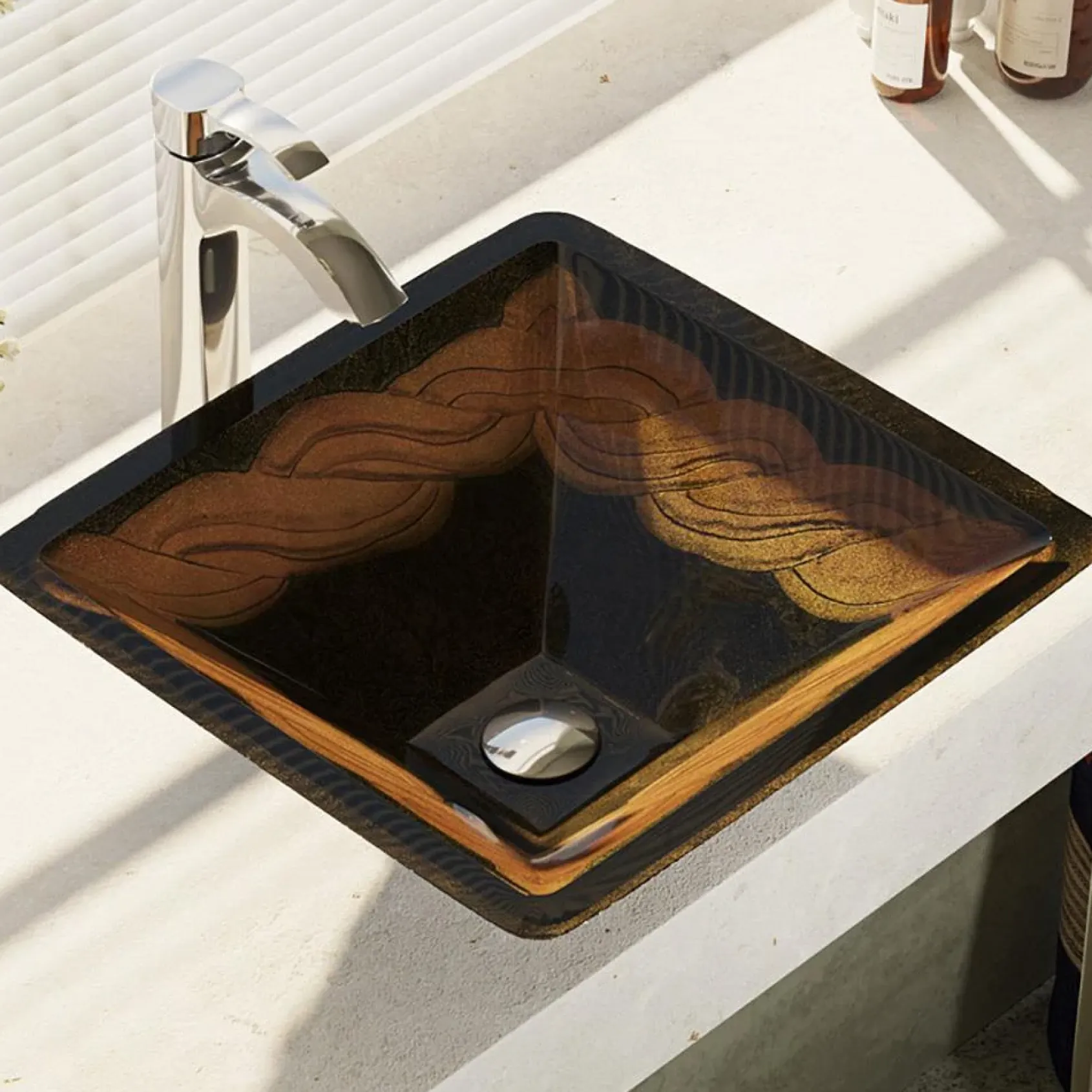 Rene 17" Square Glass Bathroom Sink, Metallic Green and Gold, with Faucet, R5-5036-R9-7006-C