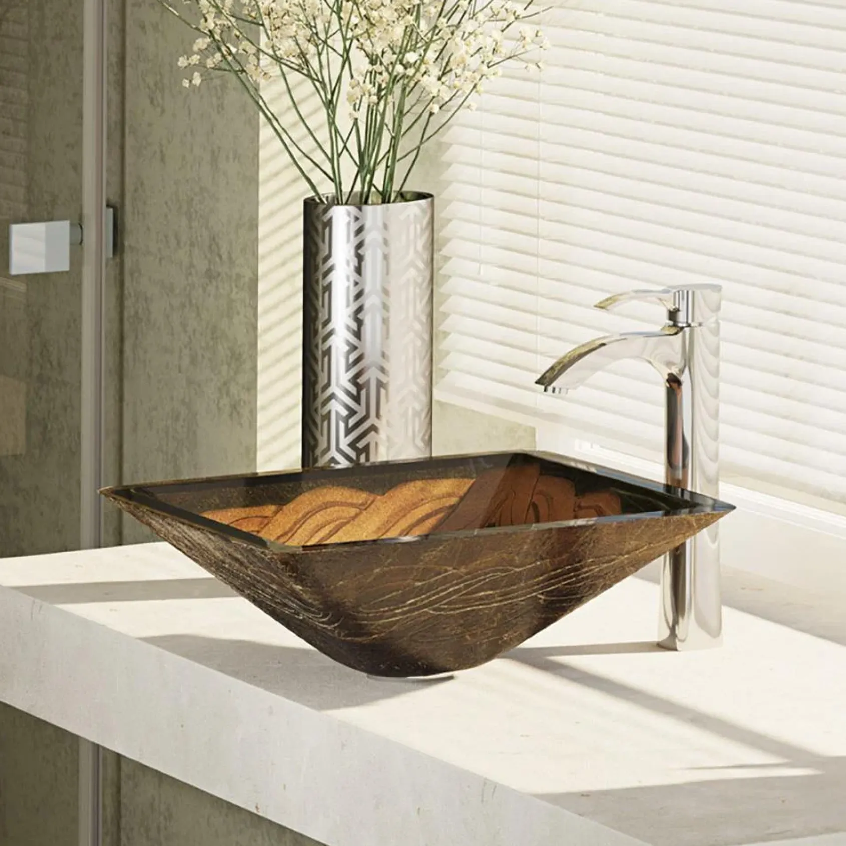 Rene 17" Square Glass Bathroom Sink, Metallic Green and Gold, with Faucet, R5-5036-R9-7006-C