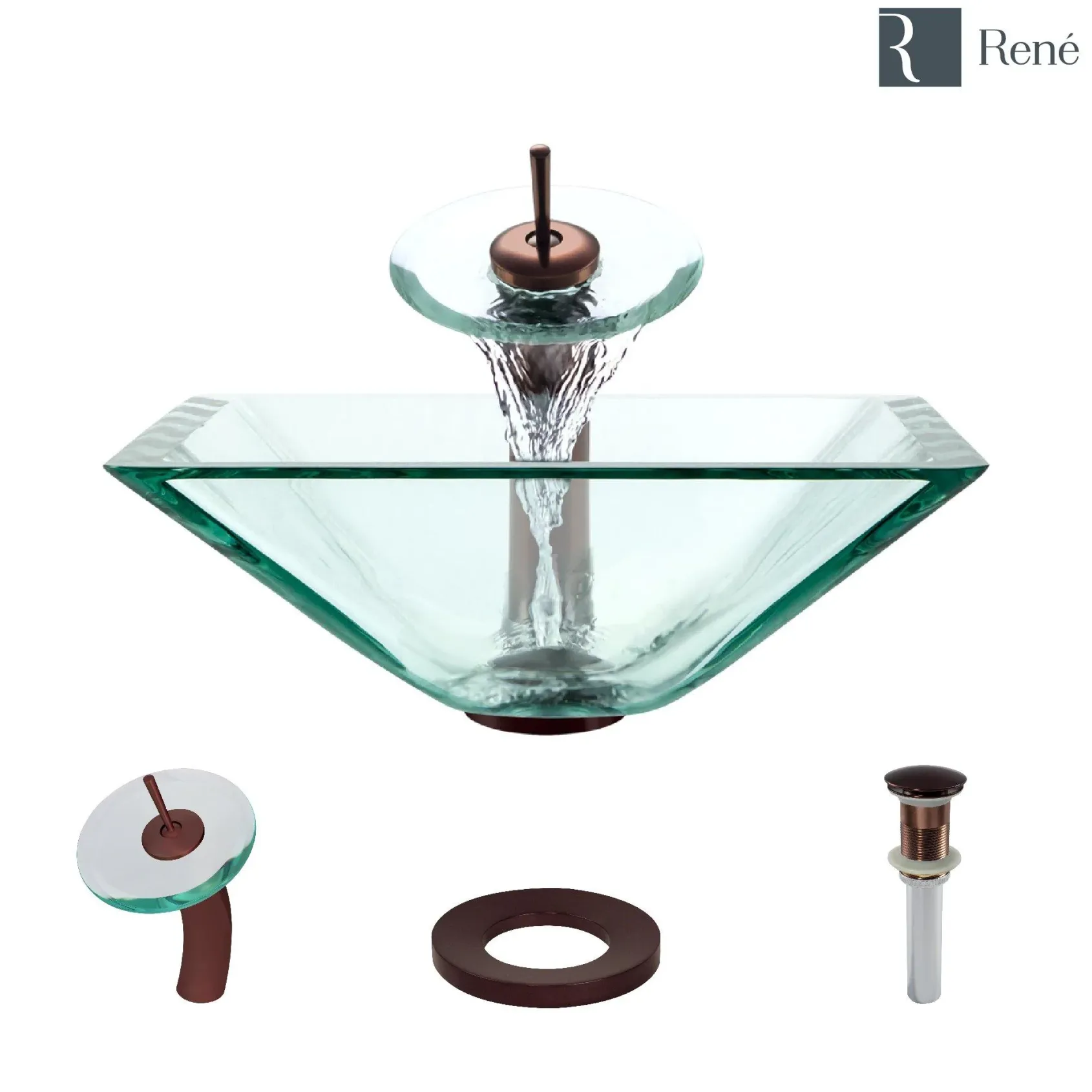 Rene 17" Square Glass Bathroom Sink, Crystal, with Faucet, R5-5003-CRY-WF-ORB