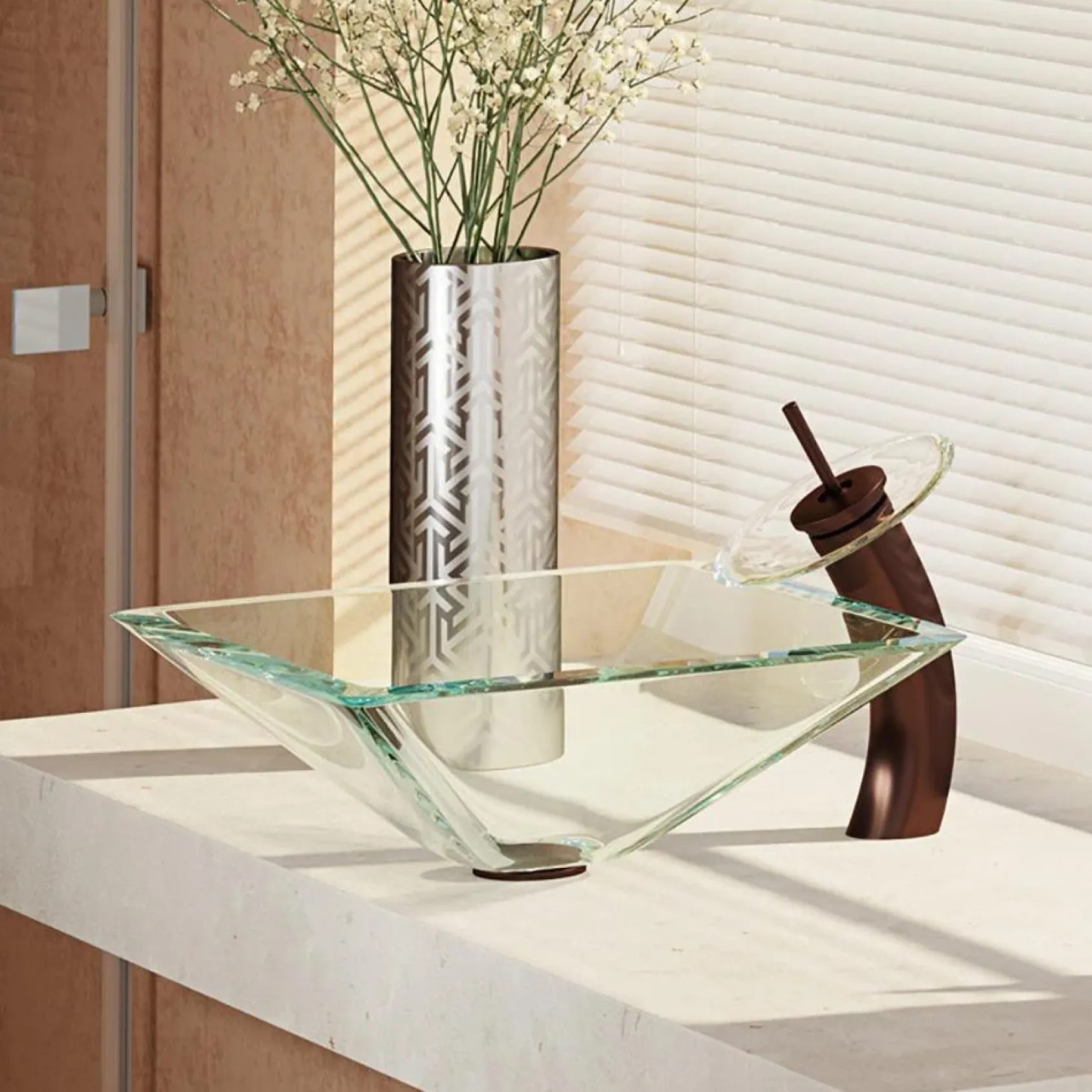 Rene 17" Square Glass Bathroom Sink, Crystal, with Faucet, R5-5003-CRY-WF-ORB
