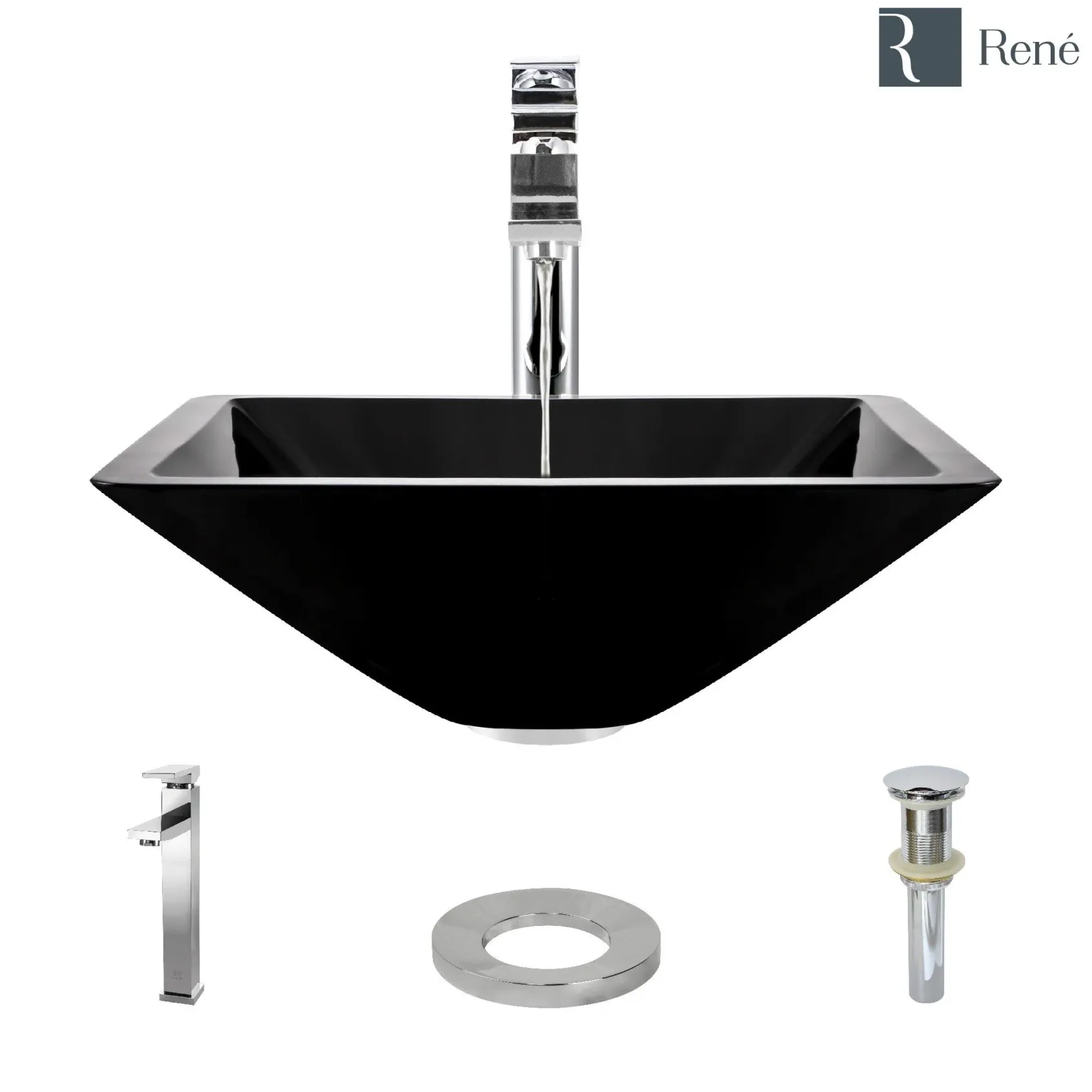 Rene 17" Square Glass Bathroom Sink, Noir, with Faucet, R5-5003-NOR-R9-7003-C