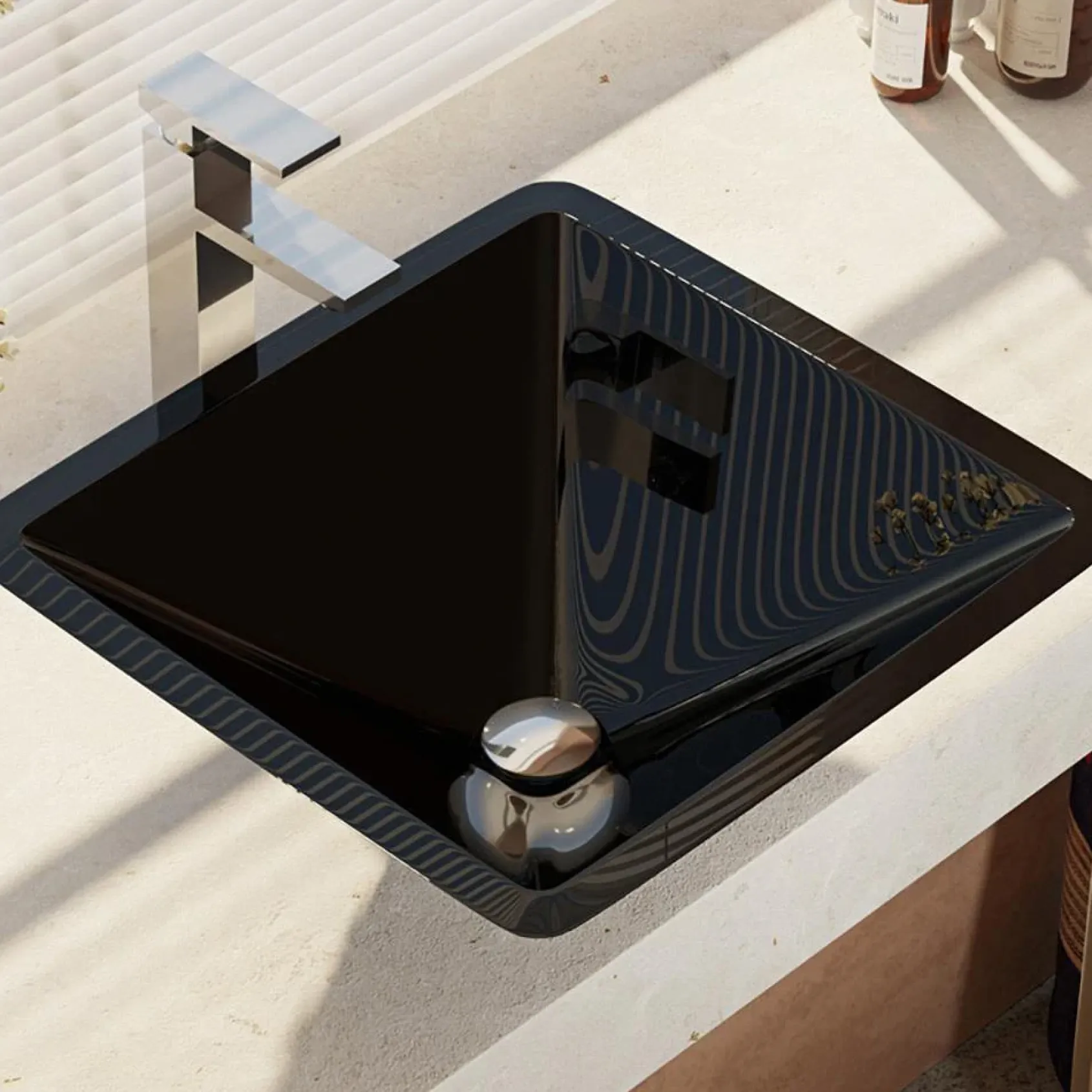 Rene 17" Square Glass Bathroom Sink, Noir, with Faucet, R5-5003-NOR-R9-7003-C