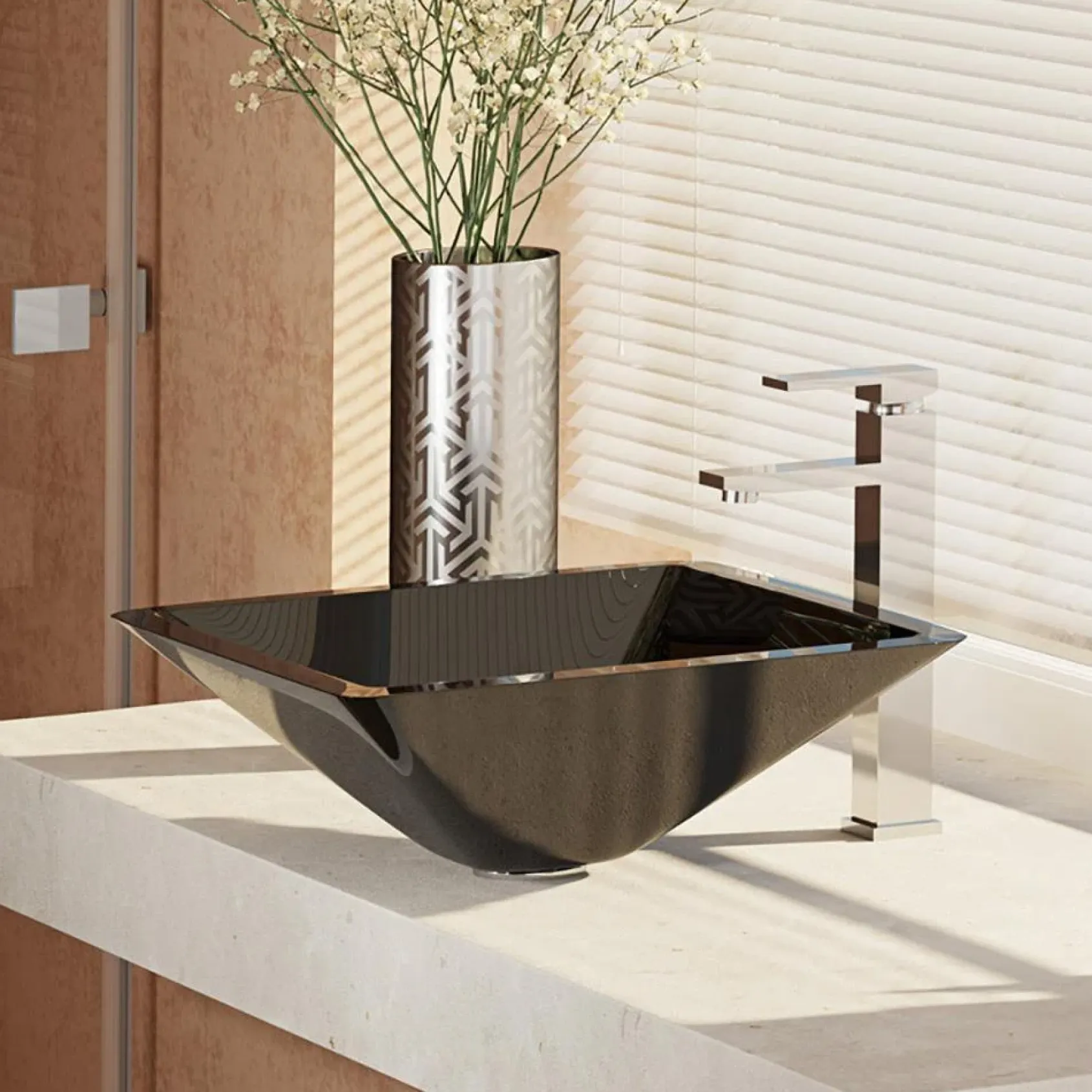 Rene 17" Square Glass Bathroom Sink, Noir, with Faucet, R5-5003-NOR-R9-7003-C