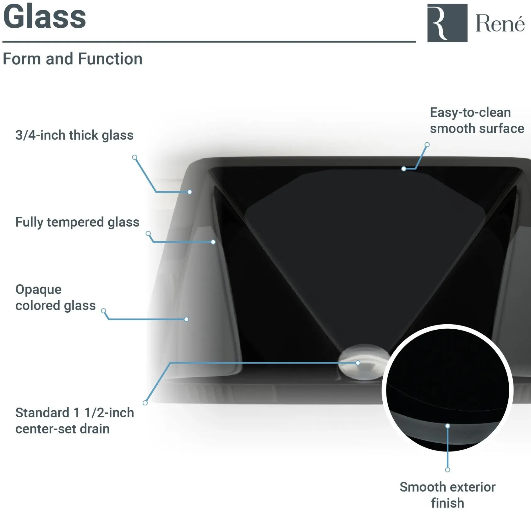 Rene 17" Square Glass Bathroom Sink, Noir, with Faucet, R5-5003-NOR-R9-7006-C