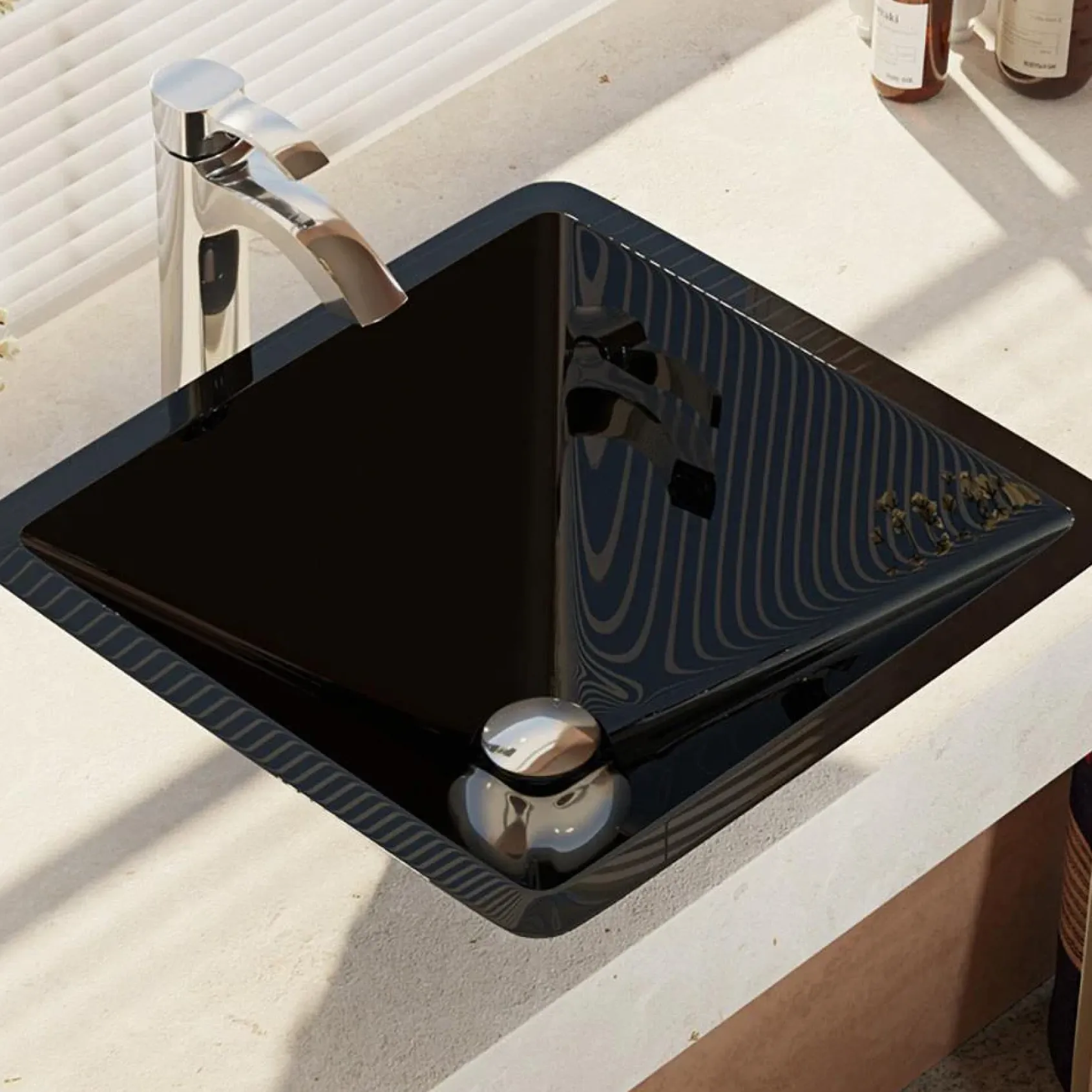 Rene 17" Square Glass Bathroom Sink, Noir, with Faucet, R5-5003-NOR-R9-7006-C