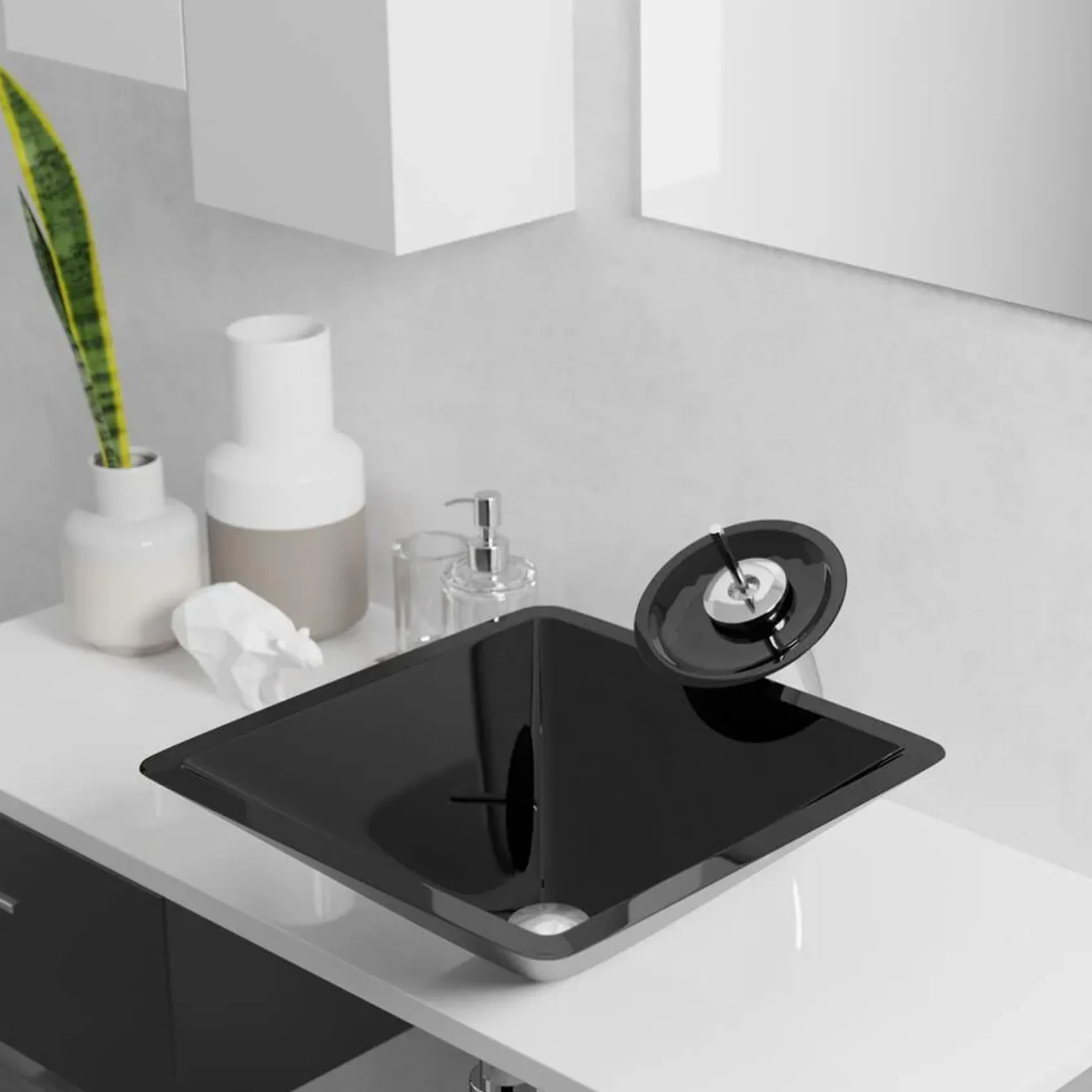 Rene 17" Square Glass Bathroom Sink, Noir, with Faucet, R5-5003-NOR-R9-7006-C
