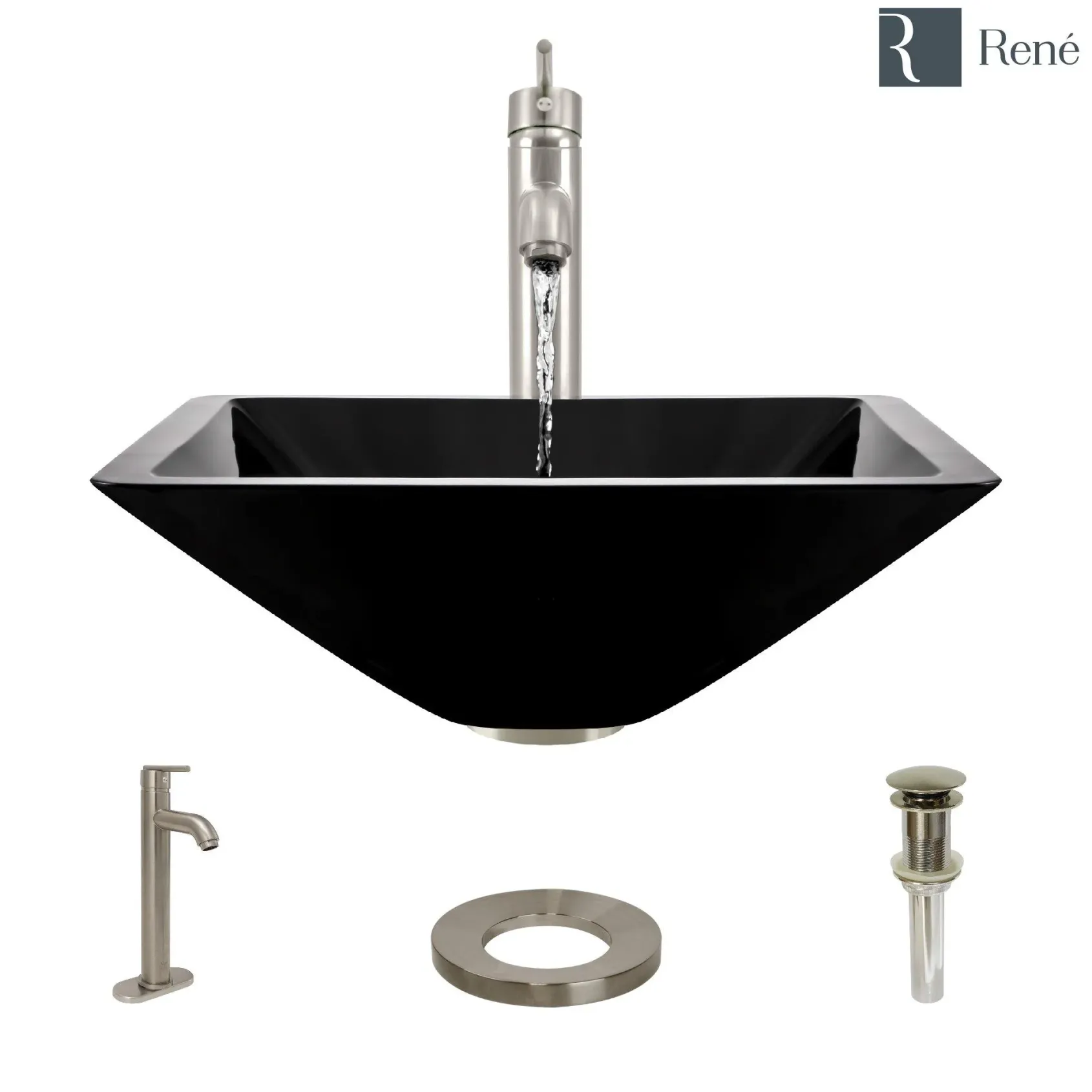 Rene 17" Square Glass Bathroom Sink, Noir, with Faucet, R5-5003-NOR-R9-7001-BN