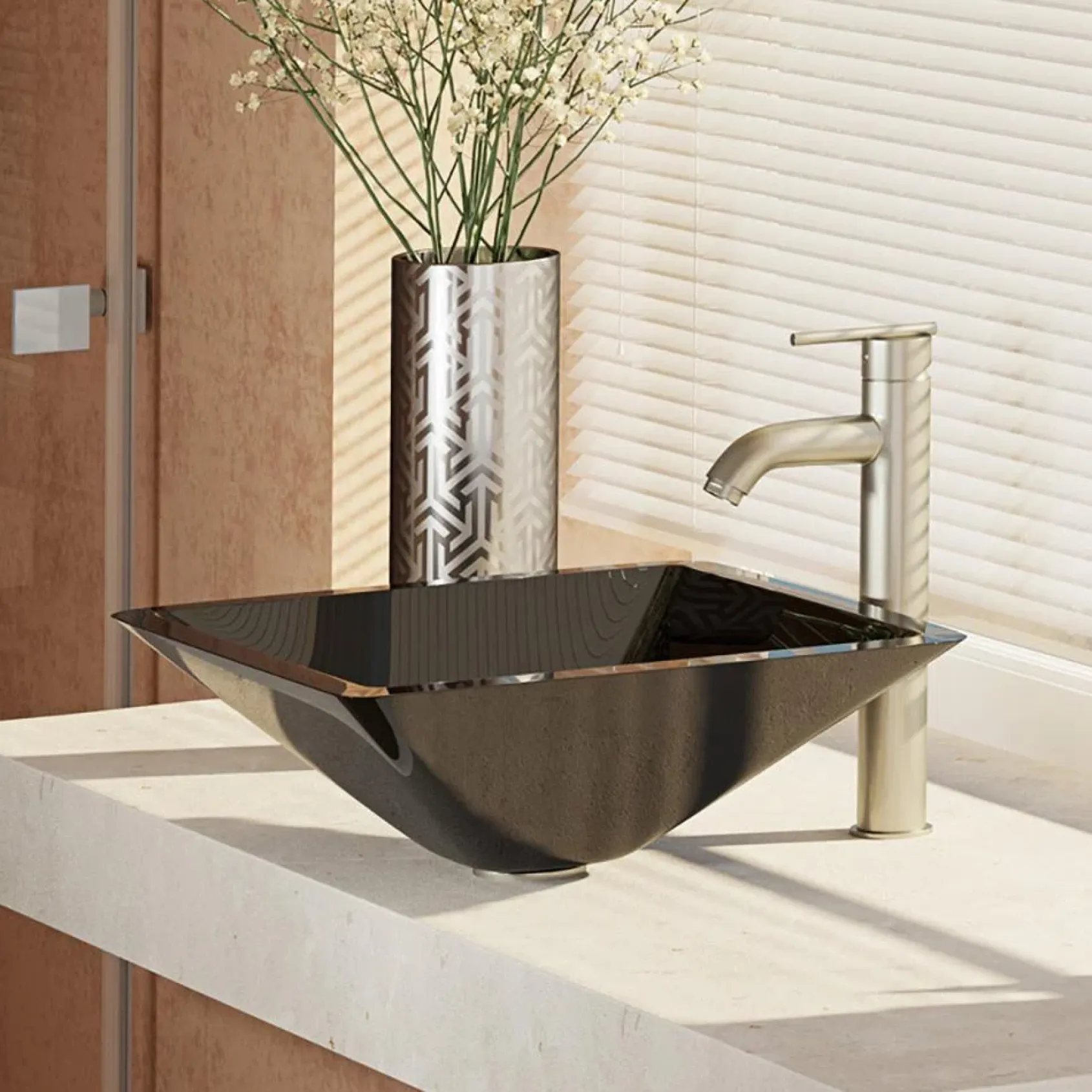 Rene 17" Square Glass Bathroom Sink, Noir, with Faucet, R5-5003-NOR-R9-7001-BN