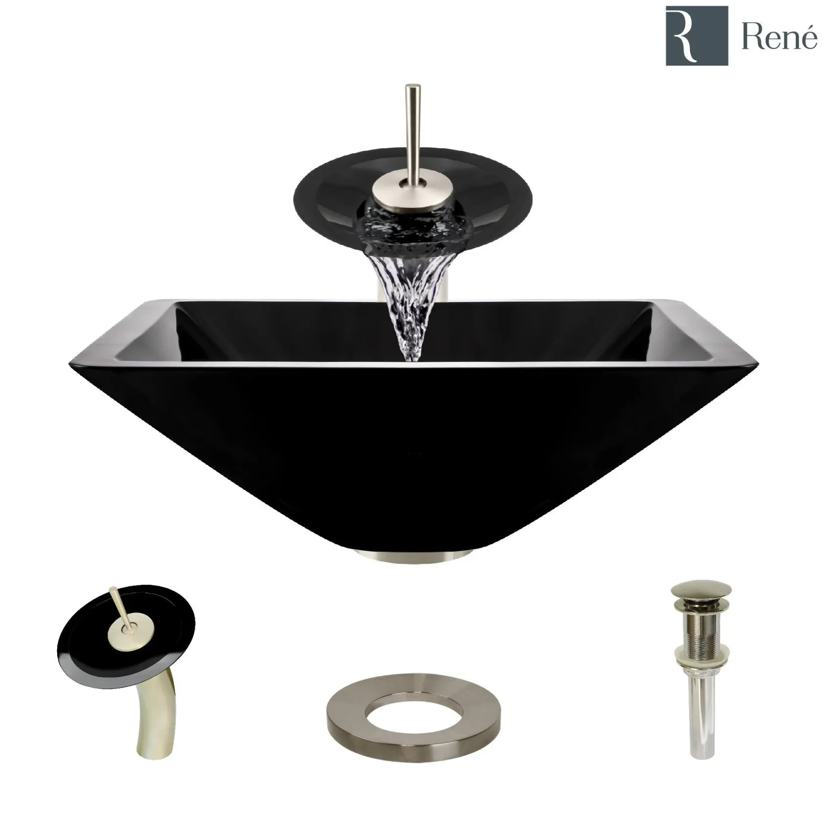 Rene 17" Square Glass Bathroom Sink, Noir, with Faucet, R5-5003-NOR-WF-BN