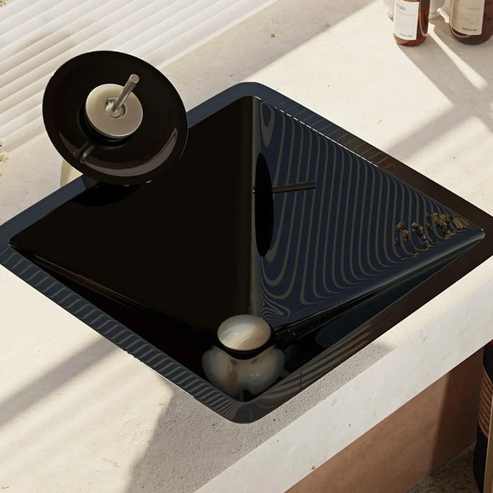 Rene 17" Square Glass Bathroom Sink, Noir, with Faucet, R5-5003-NOR-WF-BN