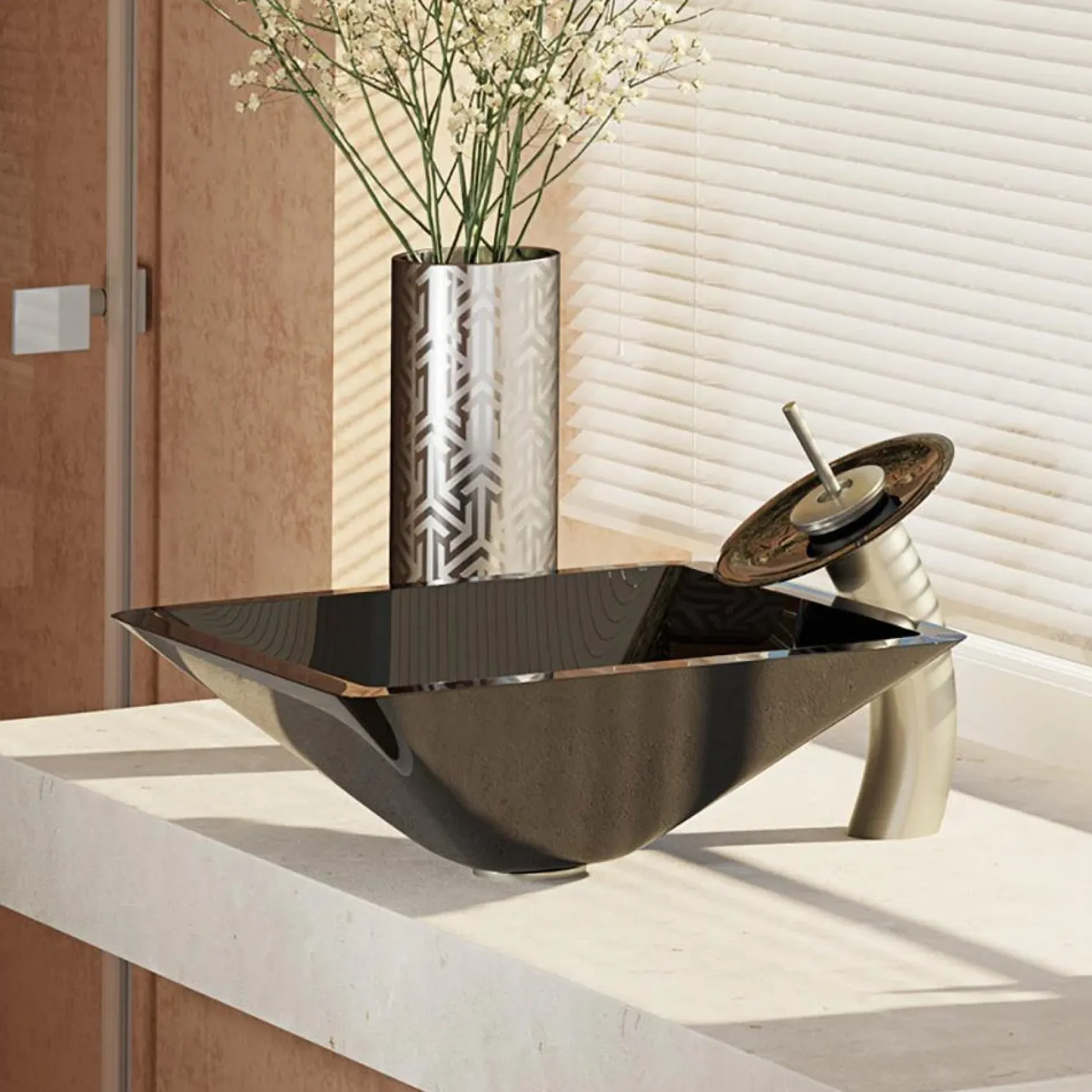 Rene 17" Square Glass Bathroom Sink, Noir, with Faucet, R5-5003-NOR-WF-BN