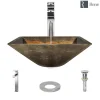 Rene 17" Square Glass Bathroom Sink, Metallic Green and Gold, with Faucet, R5-5036-R9-7003-C