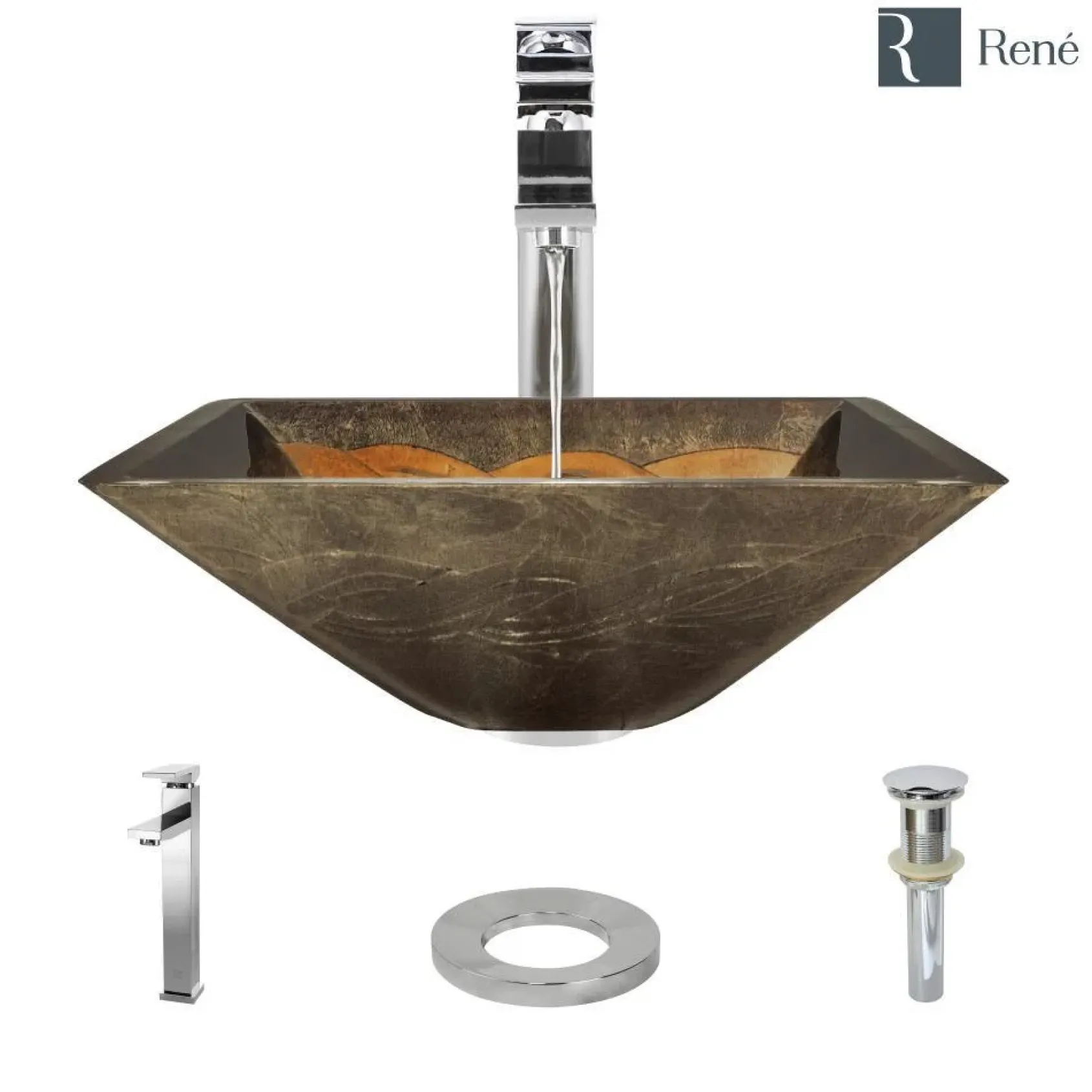 Rene 17" Square Glass Bathroom Sink, Metallic Green and Gold, with Faucet, R5-5036-R9-7003-C