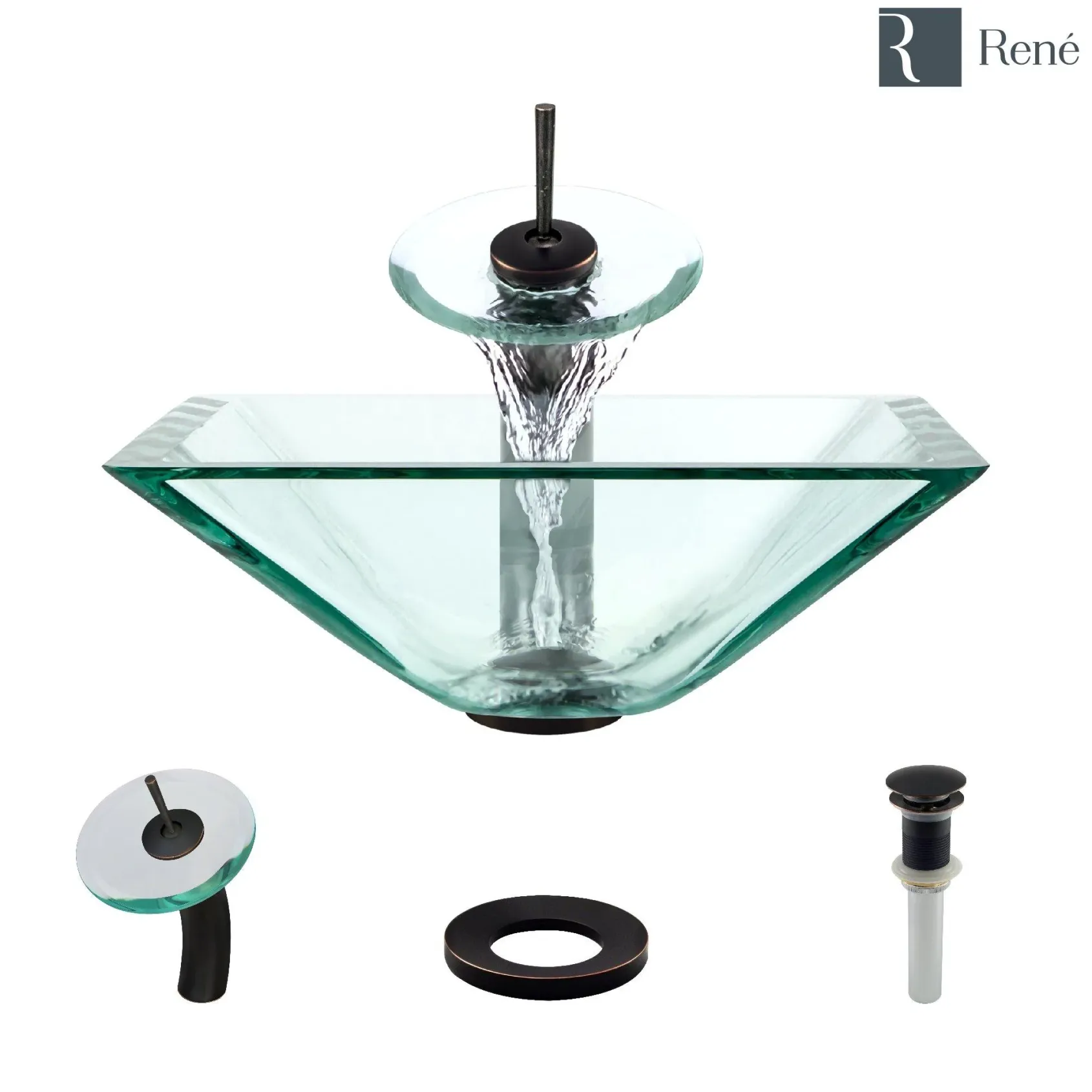 Rene 17" Square Glass Bathroom Sink, Crystal, with Faucet, R5-5003-CRY-WF-ABR