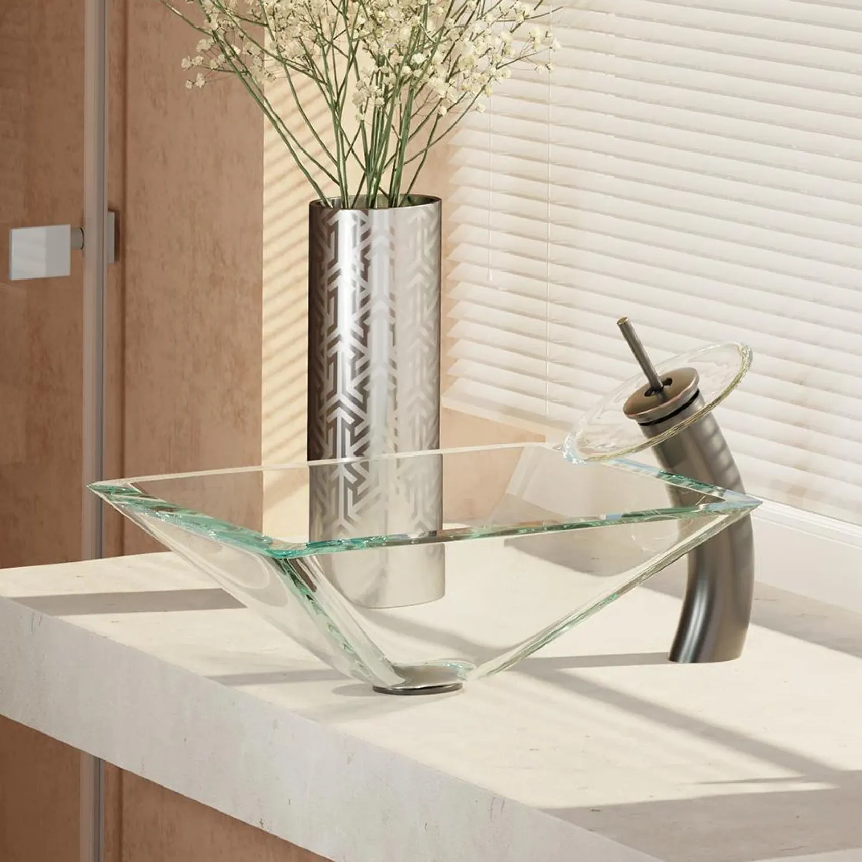 Rene 17" Square Glass Bathroom Sink, Crystal, with Faucet, R5-5003-CRY-WF-ABR