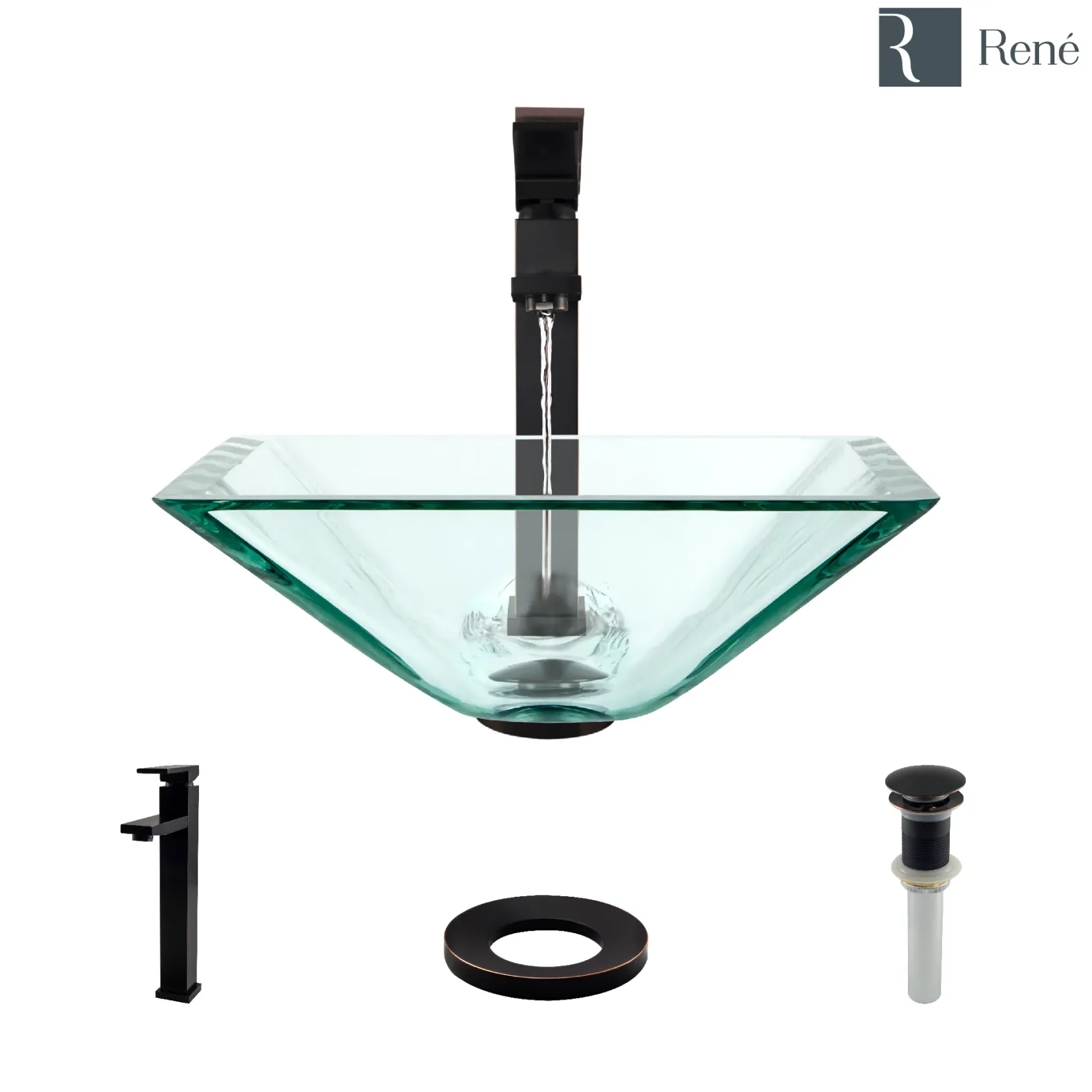 Rene 17" Square Glass Bathroom Sink, Crystal, with Faucet, R5-5003-CRY-R9-7003-ABR