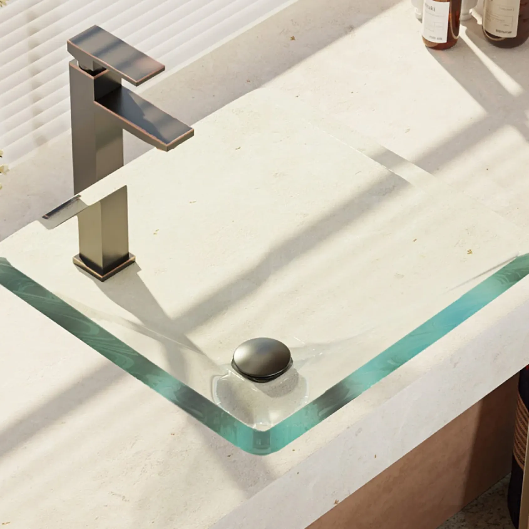 Rene 17" Square Glass Bathroom Sink, Crystal, with Faucet, R5-5003-CRY-R9-7003-ABR
