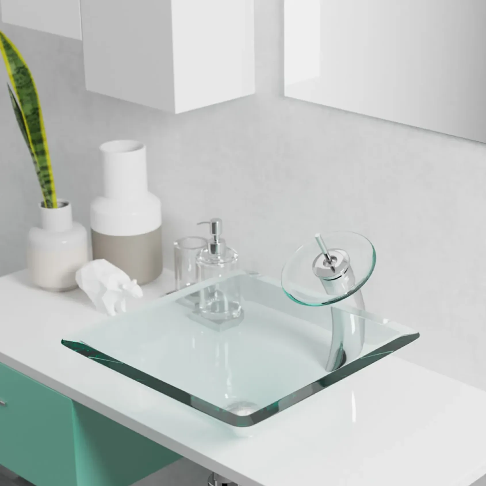 Rene 17" Square Glass Bathroom Sink, Crystal, with Faucet, R5-5003-CRY-R9-7003-ABR