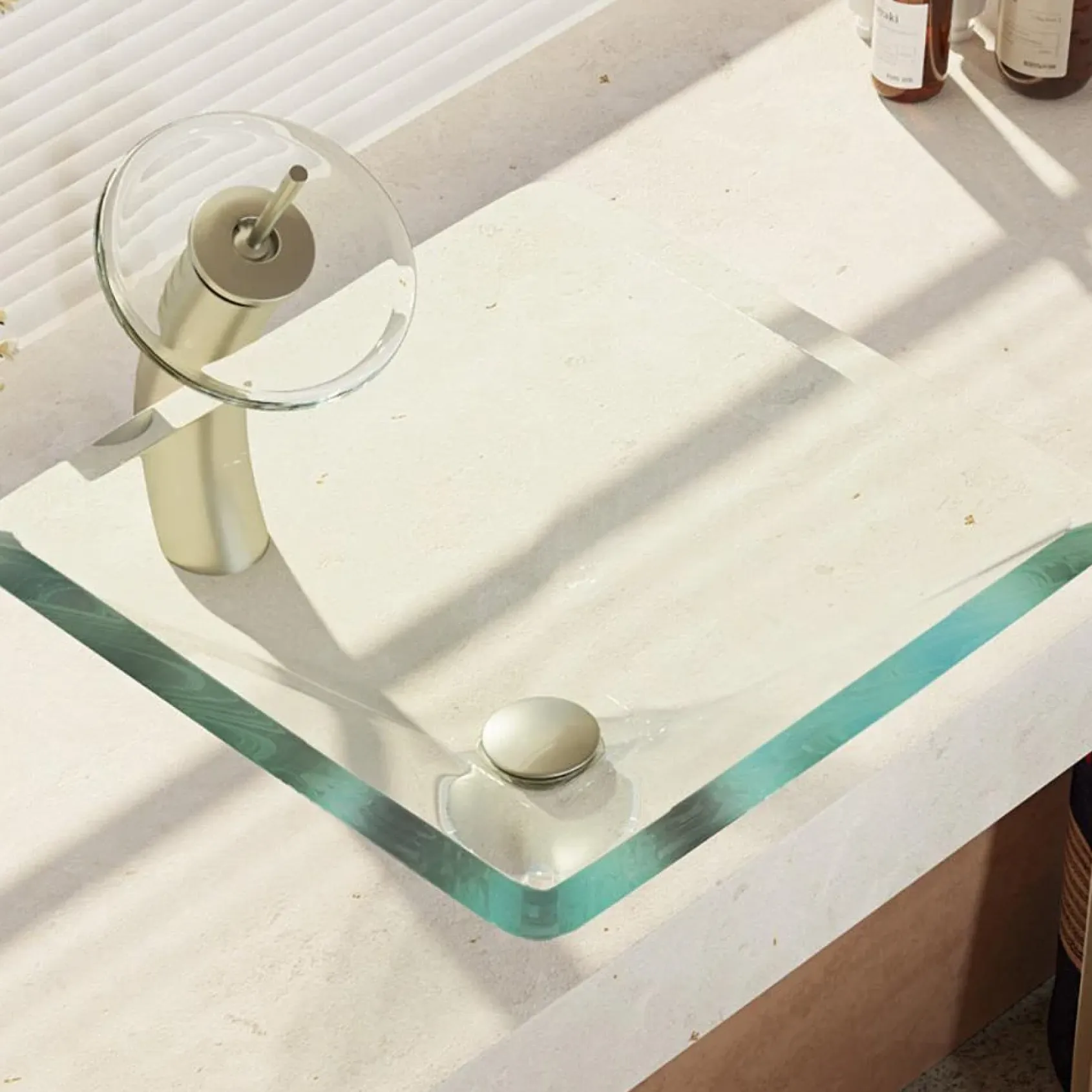 Rene 17" Square Glass Bathroom Sink, Crystal, with Faucet, R5-5003-CRY-WF-BN