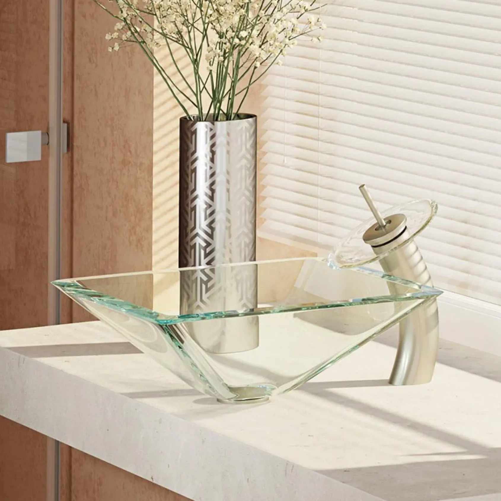 Rene 17" Square Glass Bathroom Sink, Crystal, with Faucet, R5-5003-CRY-WF-BN