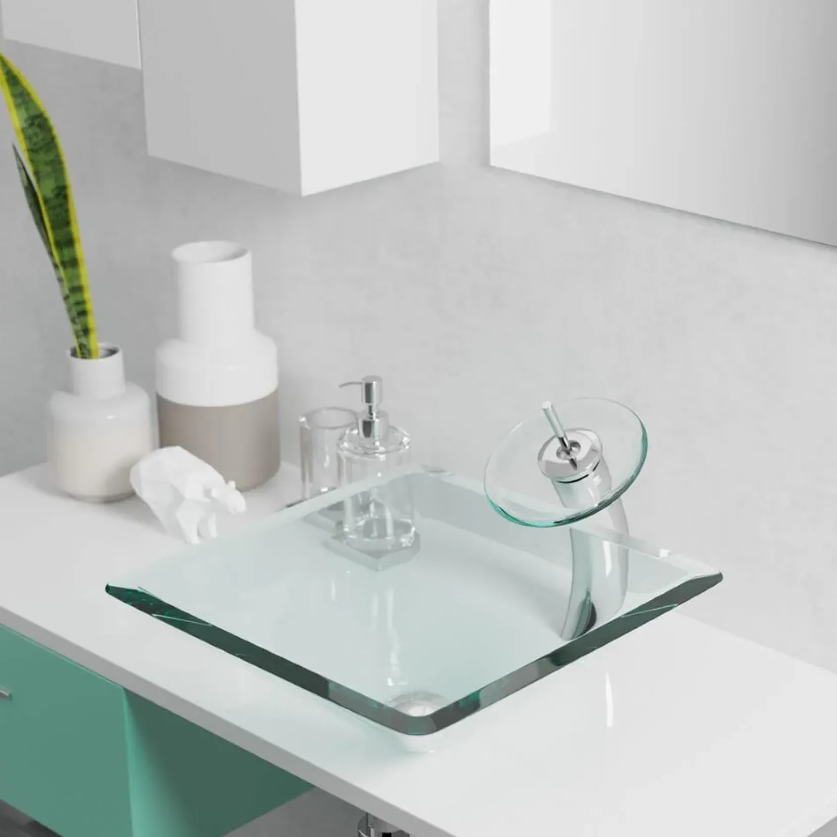 Rene 17" Square Glass Bathroom Sink, Crystal, with Faucet, R5-5003-CRY-WF-BN