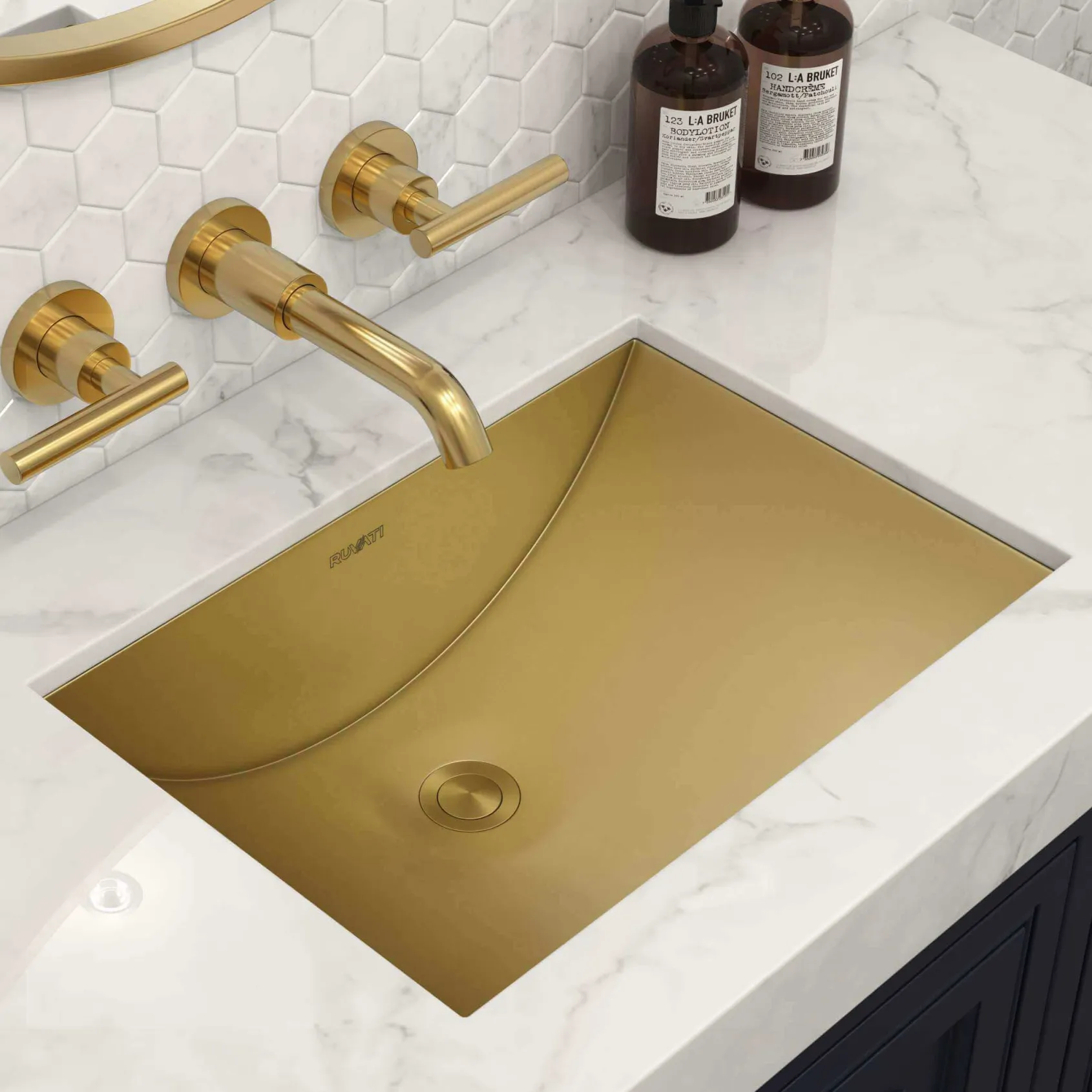 Ruvati Ariaso 16 x 13 inch Brushed Gold Polished Brass Rectangular Bathroom Sink Undermount, Stainless Steel, 16, RVH6106GG