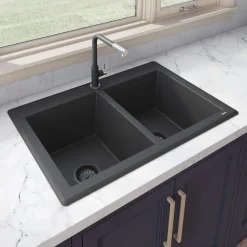 Ruvati epiGranite 33" Dual-Mount Granite Composite Kitchen Sink, 50/50 Double Bowl, Midnight Black, RVG1388BK