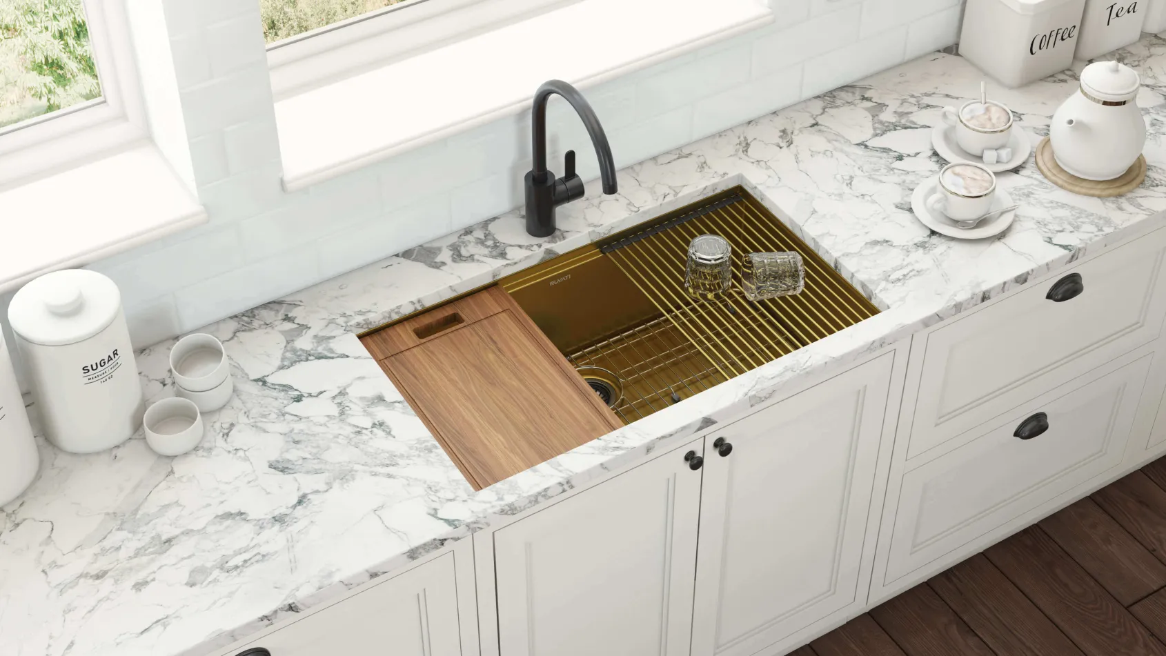 Ruvati Giana 33" Undermount Stainless Steel Workstation Kitchen Sink, Matte Gold Brass Tone, 16 Gauge, RVH6533GG